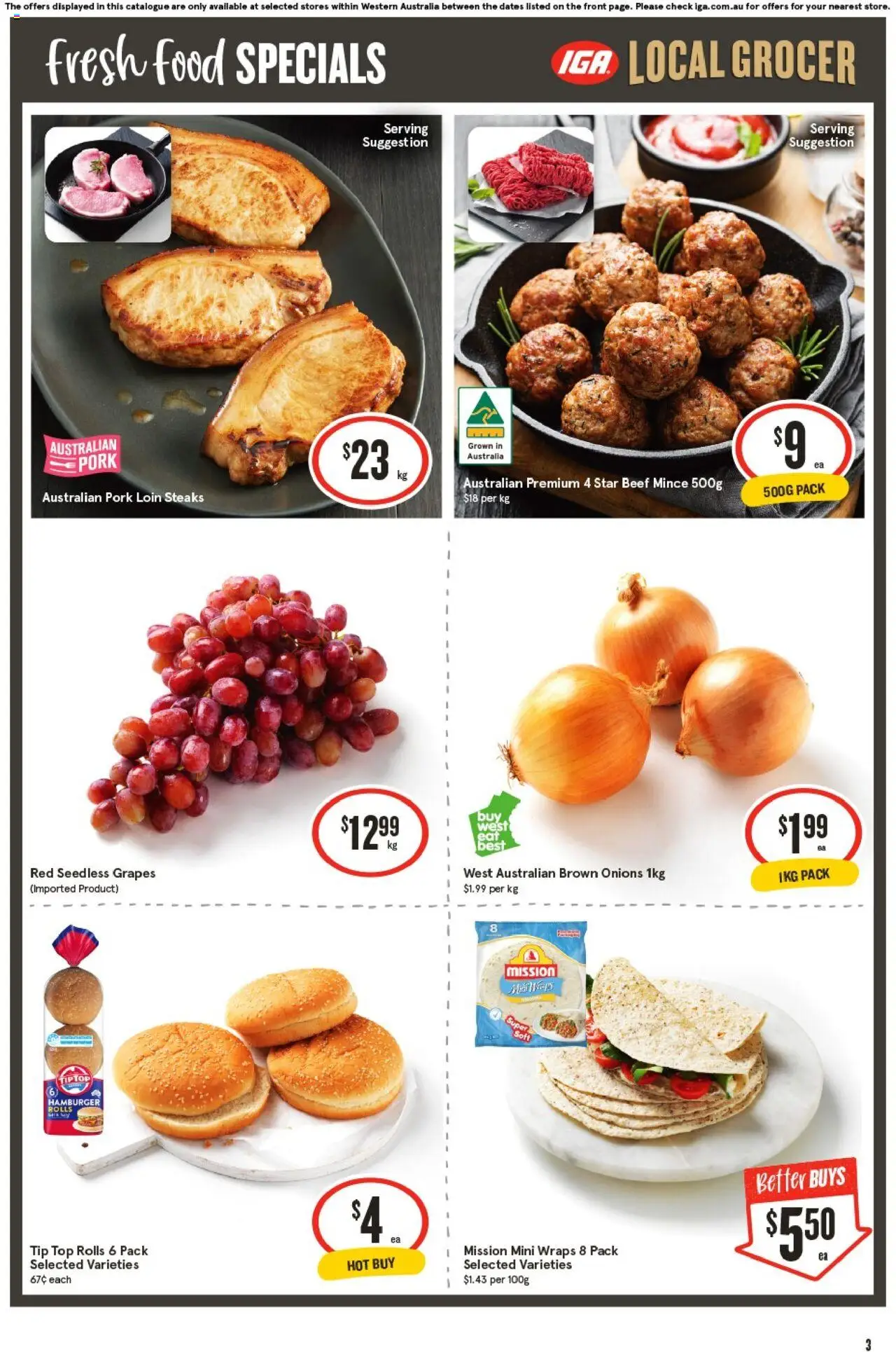 IGA catalogue - valid from 24.09.2025 | Page: 4 | Products: Pork, Beef, Onions, Grapes