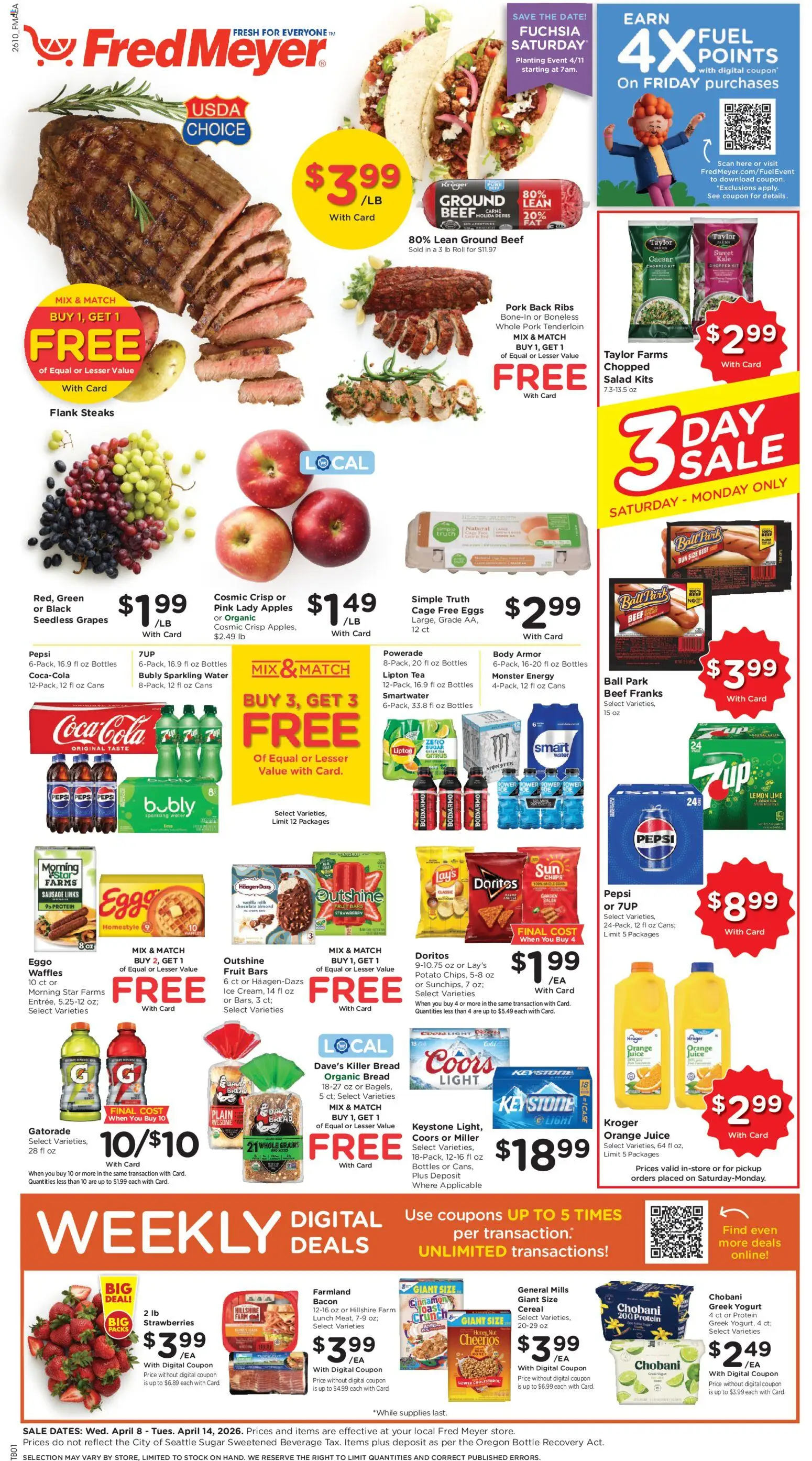 Fred Meyer Weekly Ad - valid from 08.04.2026 | Page: 1 | Products: Yogurt, Chocolate, Chips, Water