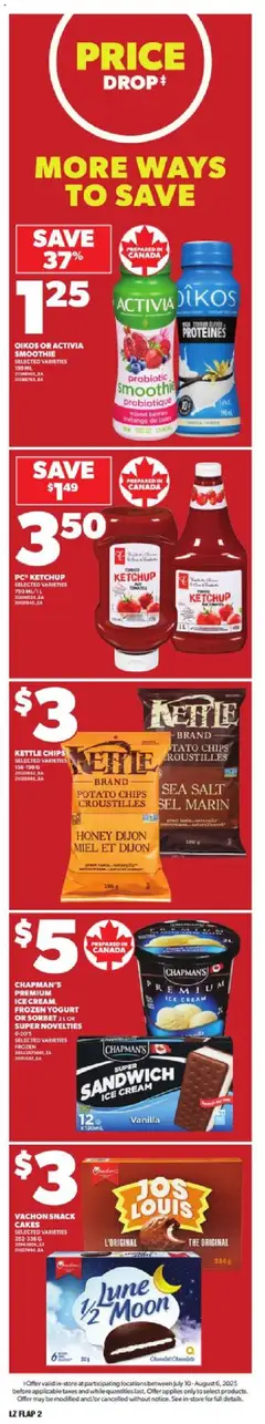 Loblaws flyer valid from 24.07.2025 | Page: 2 | Products: Chips, Ketchup, Ice cream, PC