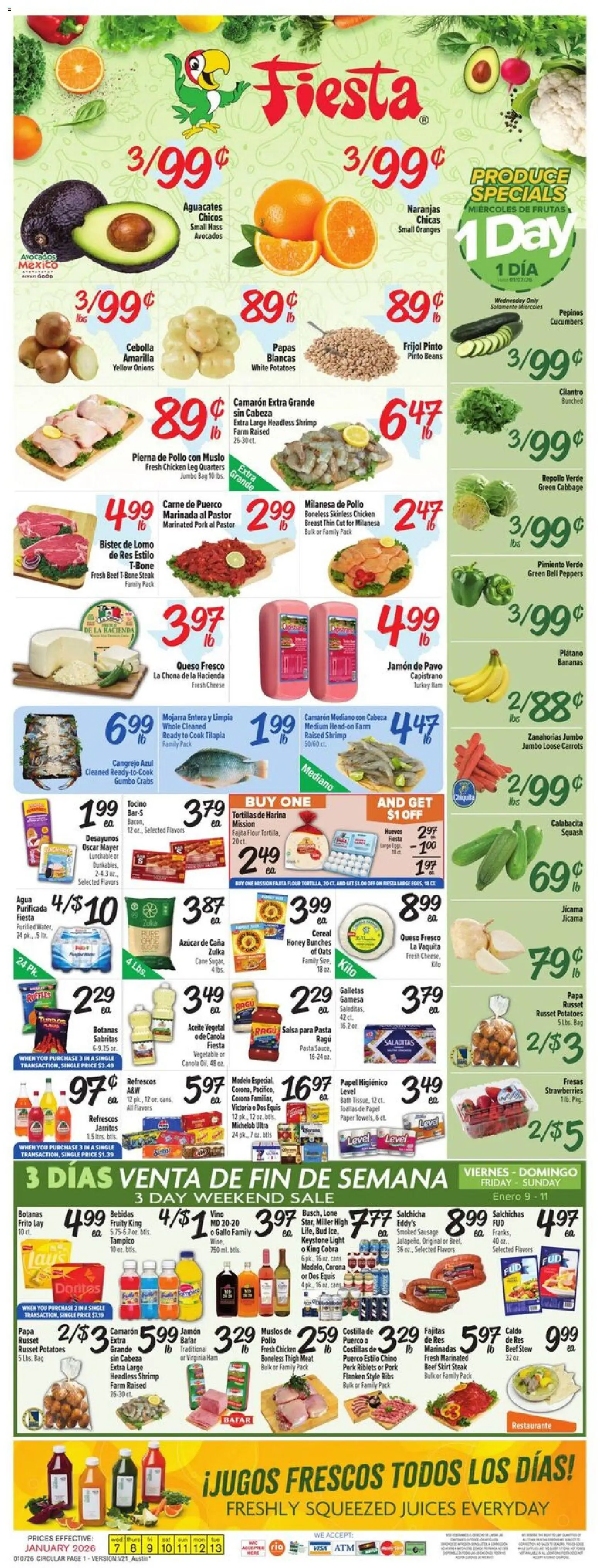 Fiesta Mart Weekly Ad - valid from 07.01.2026 | Page: 1 | Products: Pork, Oranges, Bananas, Beef