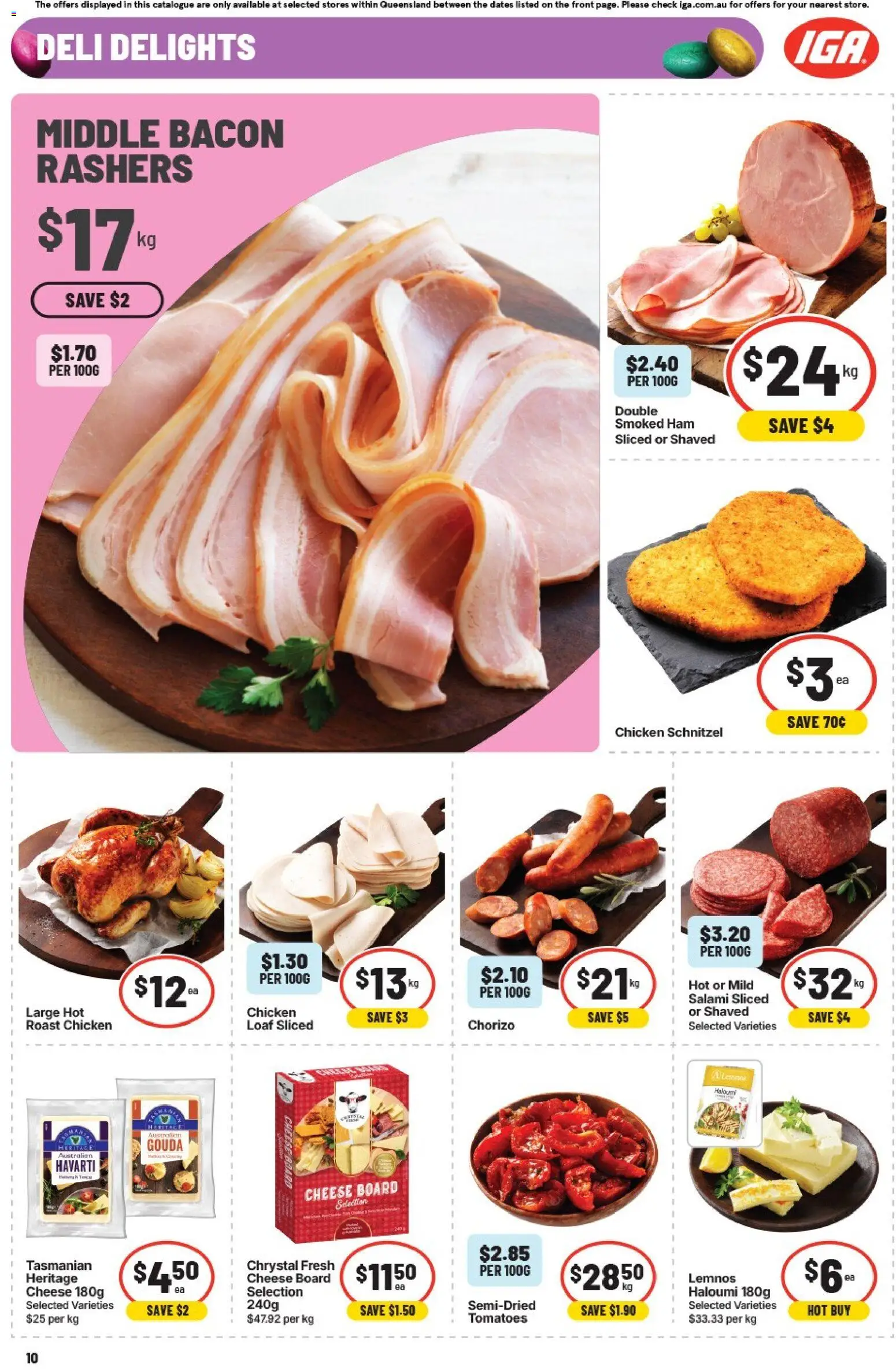 IGA catalogue - valid from 01.04.2026 | Page: 13 | Products: Bacon, Ham, Chicken, Tomatoes