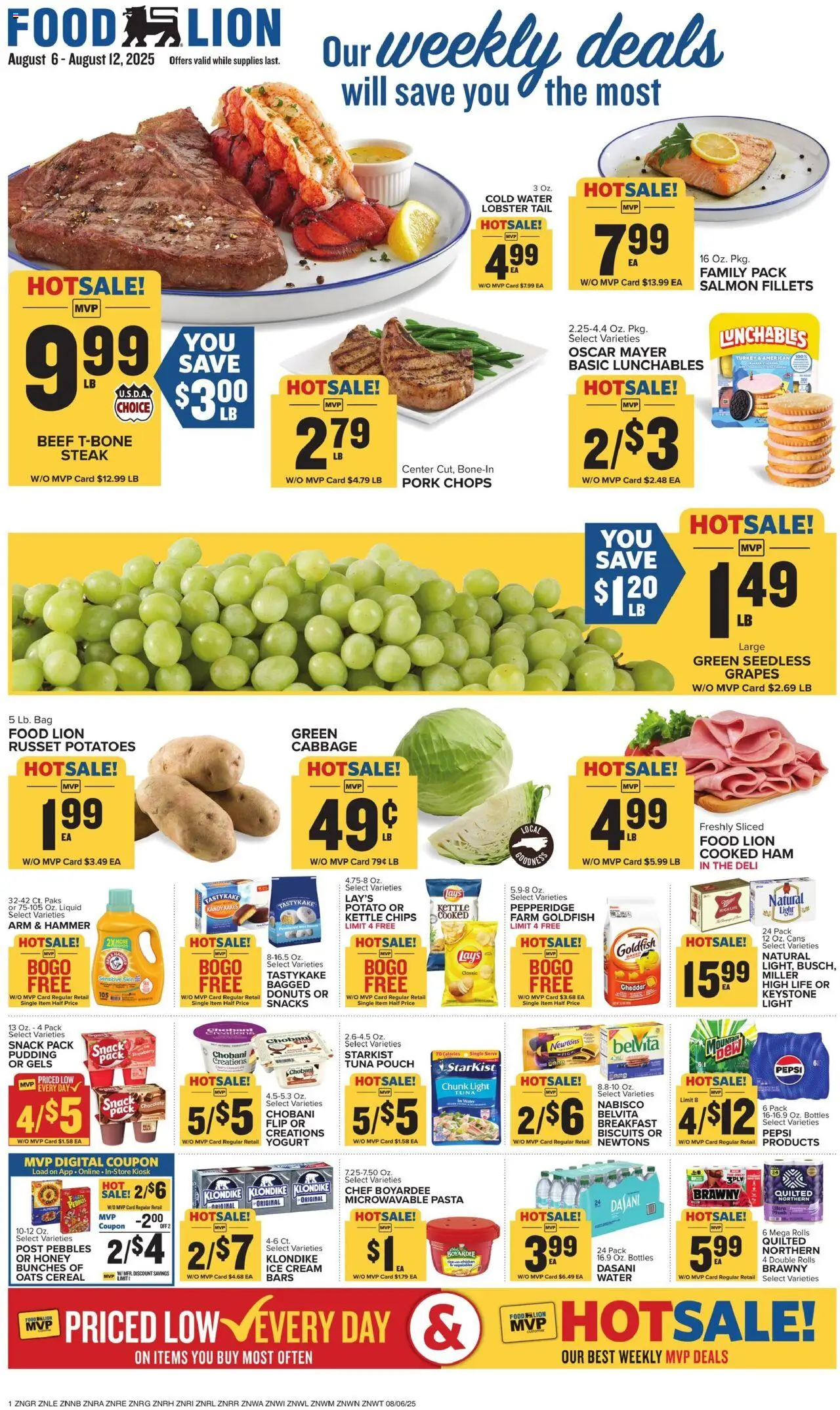 Food Lion Weekly Ad - valid from 06.08.2025 | Page: 1 | Products: Chips, Water, Cabbage, Kettle