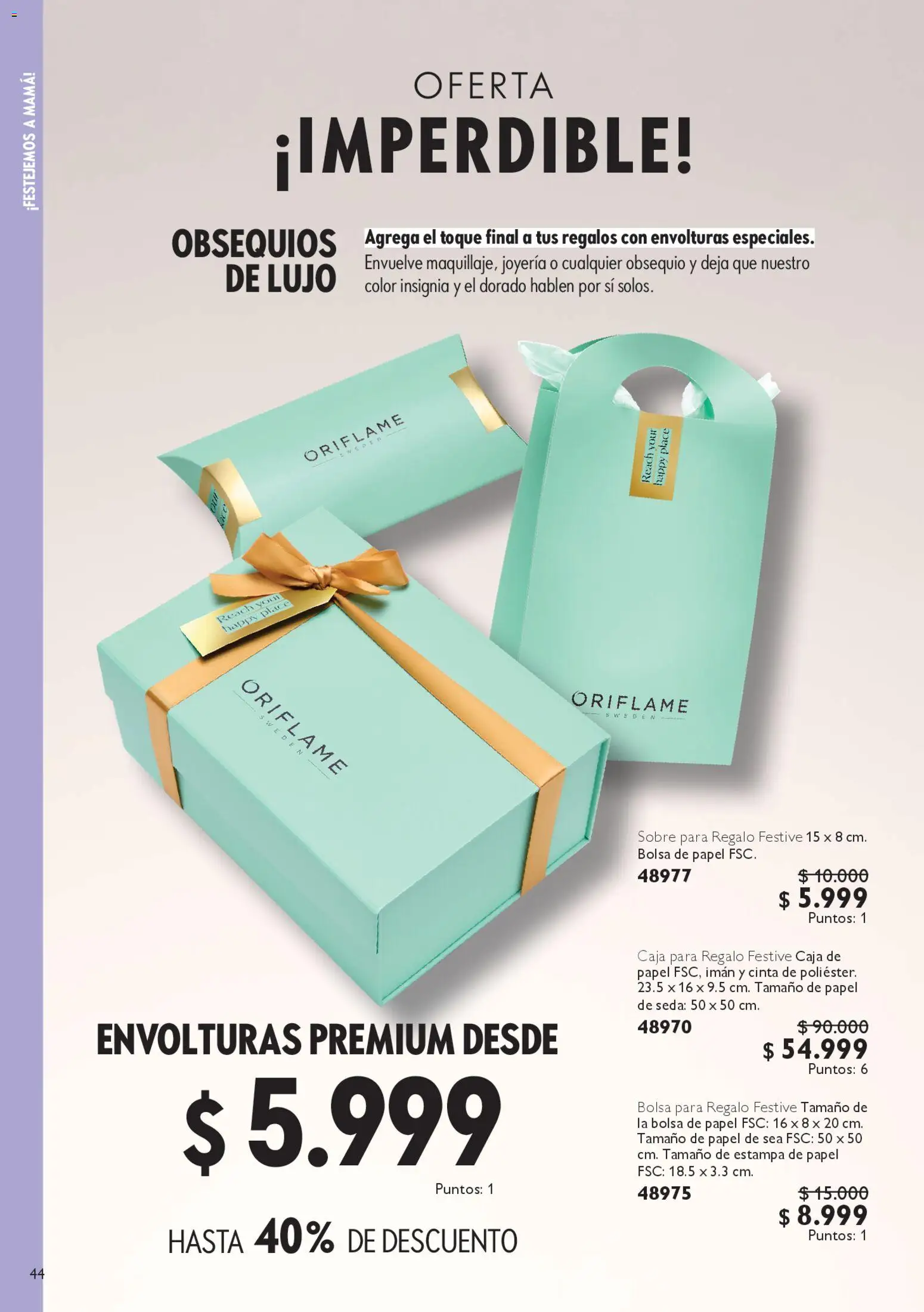 Oriflame revista - valida desde el 18.04.2026 | Página: 44 | Productos: Bolsa, Imán, Sobre, Caja