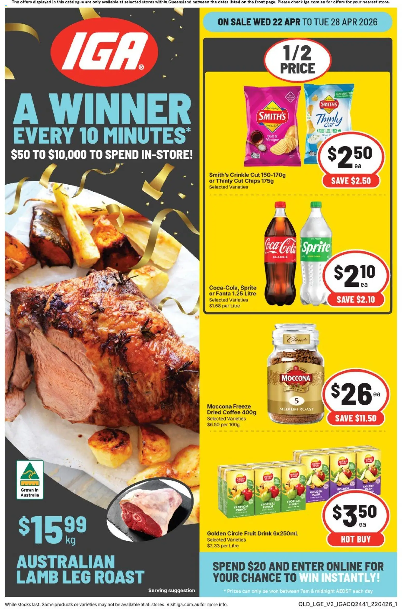 IGA catalogue - valid from 22.04.2026 | Page: 1 | Products: Coffee, Lamb, Salt, Moccona