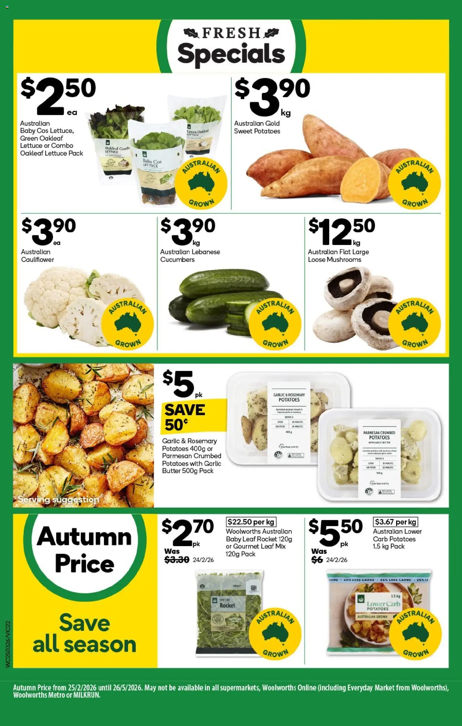 Woolworths catalogue - valid from 25.03.2026 | Page: 22 | Products: Lettuce, Mushrooms, Rocket, Garlic
