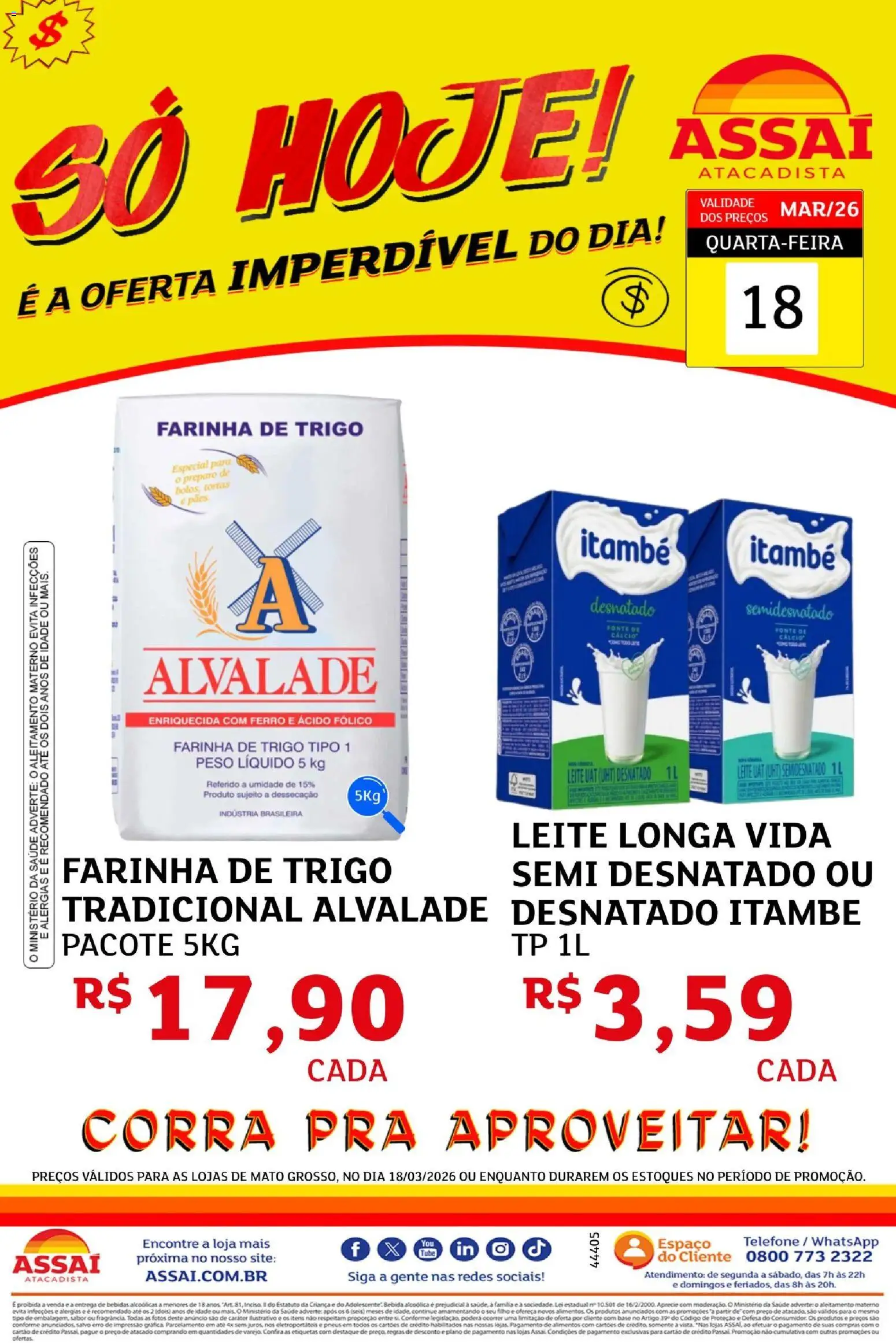 Assaí Atacadista Folheto - válido de 18.03.2026 | Página: 1 | Produtos: Leite, Pneus, Base, Telefone