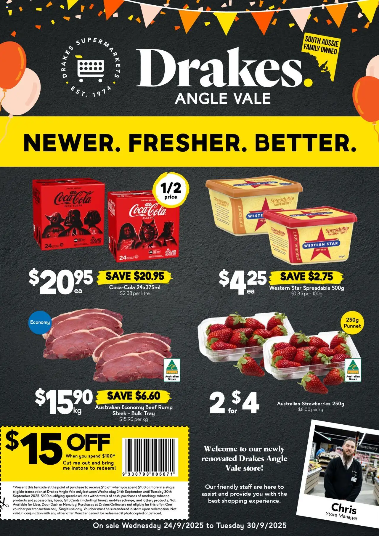 Drakes catalogue - valid from 24.09.2025 | Page: 1 | Products: Door, Beef, Strawberries, Steak