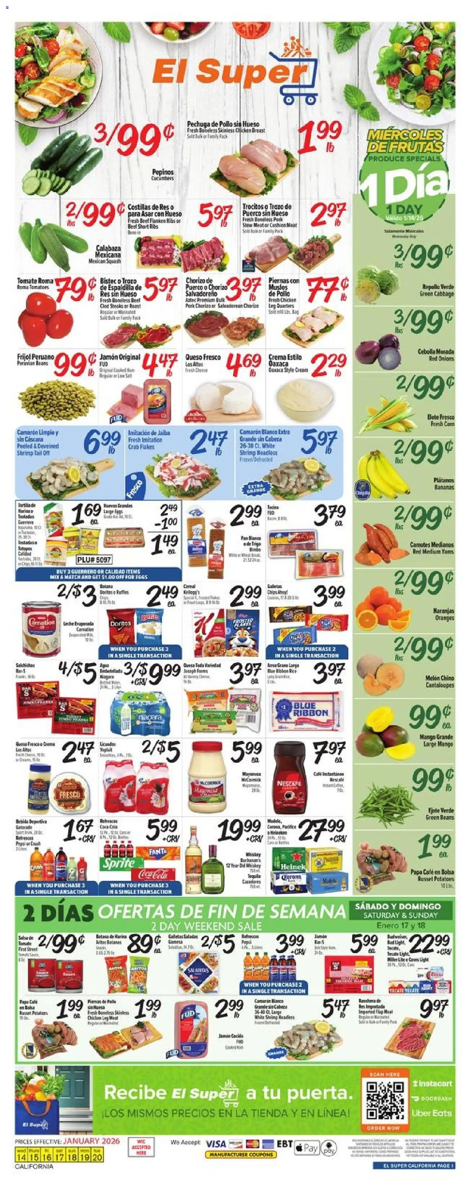El Super Weekly Ad - CA - valid from 14.01.2026 | Page: 1 | Products: Eggs, Chips, Cream, Cabbage