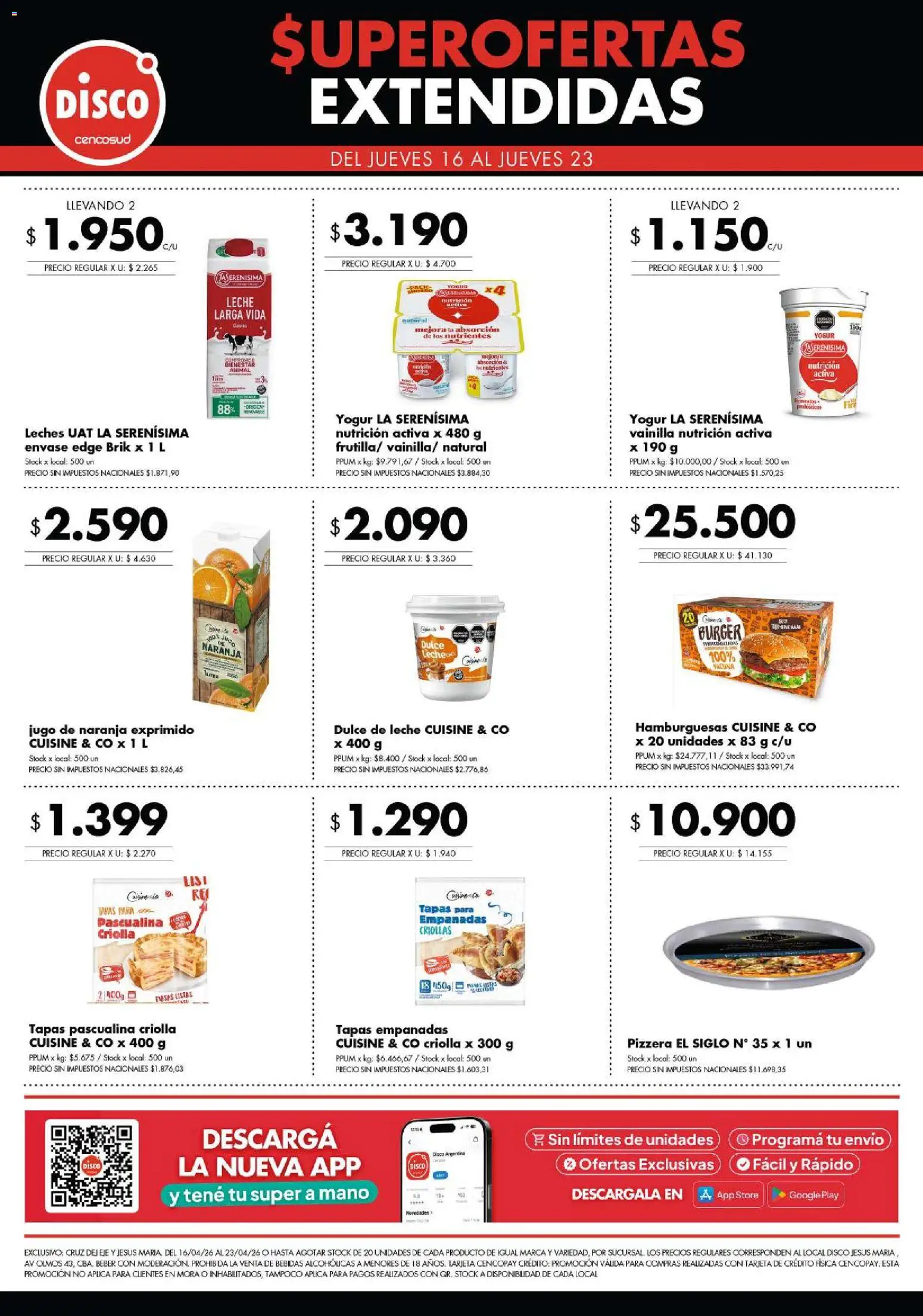 Disco - Super Ofertas Extendidas 16.04 Cruz del Eje y Jesus Maria │ válido desde el 16.04.2026 | Página: 5 | Productos: Pizzera, Disco, Leche, Jugo