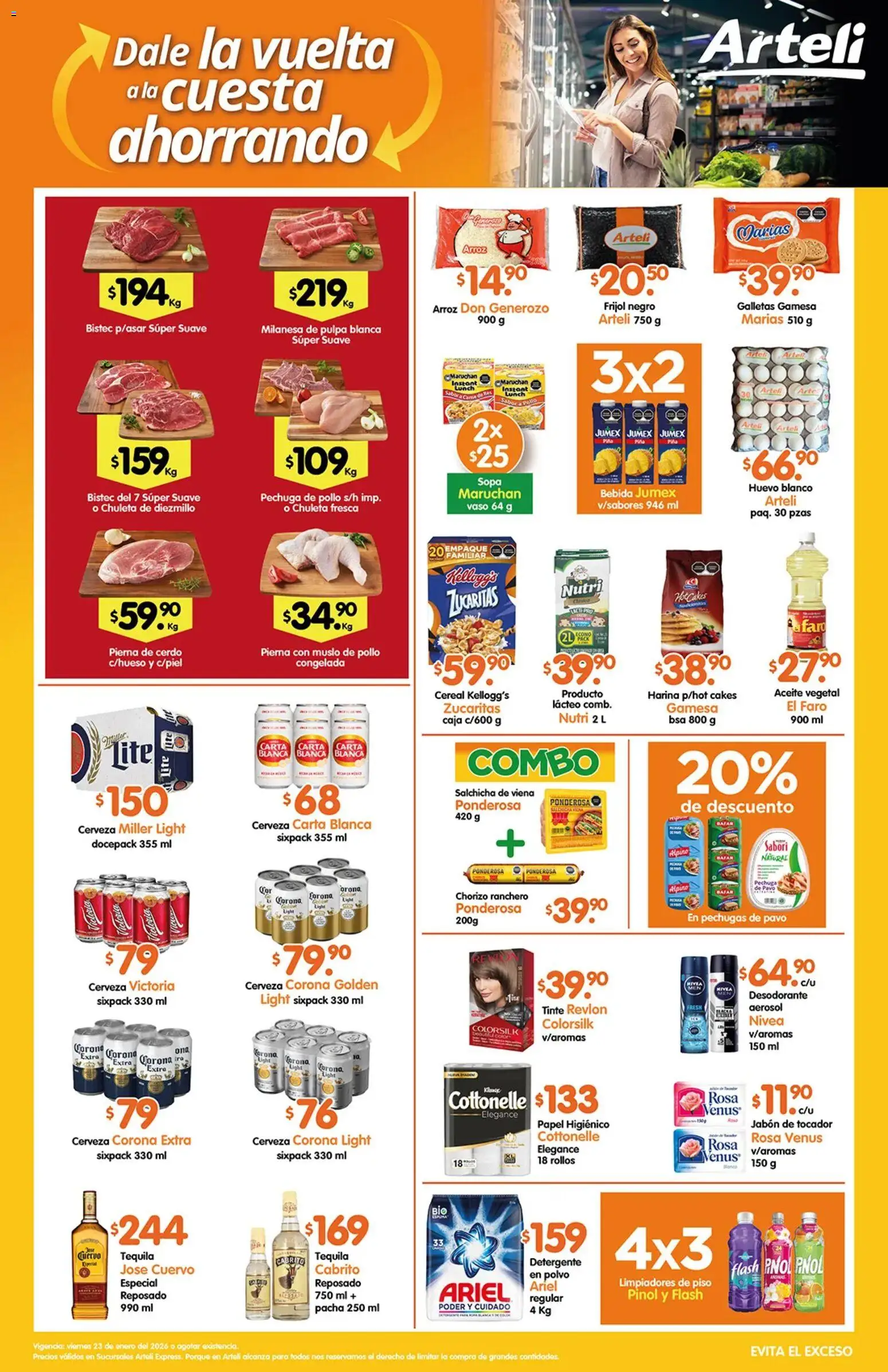 Nuevas ofertas de Arteli válidas en toda la República Mexicana desde el 23.01.2026. ¡Encuentra las mejores ofertas en Arteli folleto Express! | Página: 1 | Productos: Aceite, Tequila, Galletas, Papel higiénico