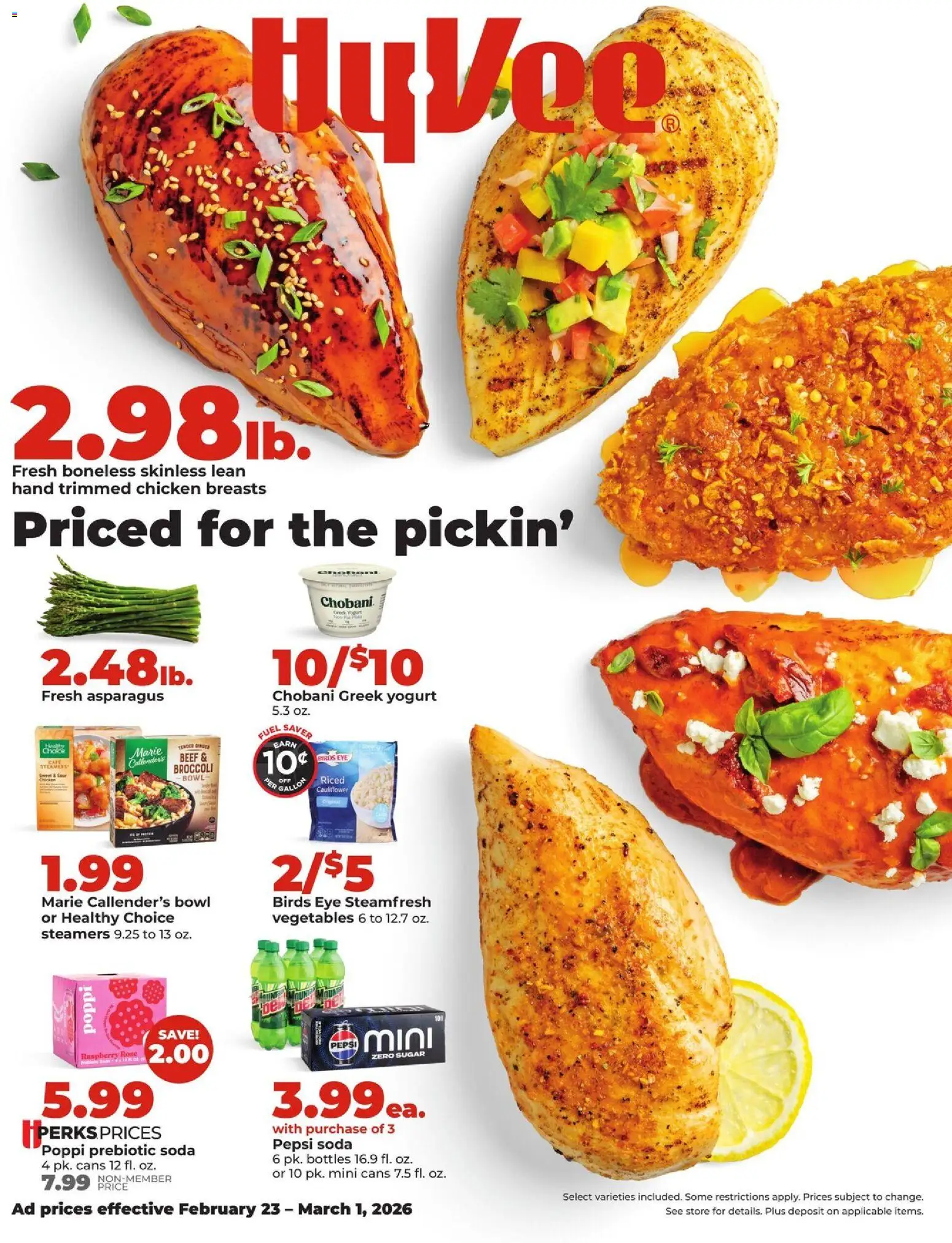 HyVee Weekly Ad - valid from 23.02.2026 | Page: 1 | Products: Beef, Sugar, Raspberry, Cauliflower