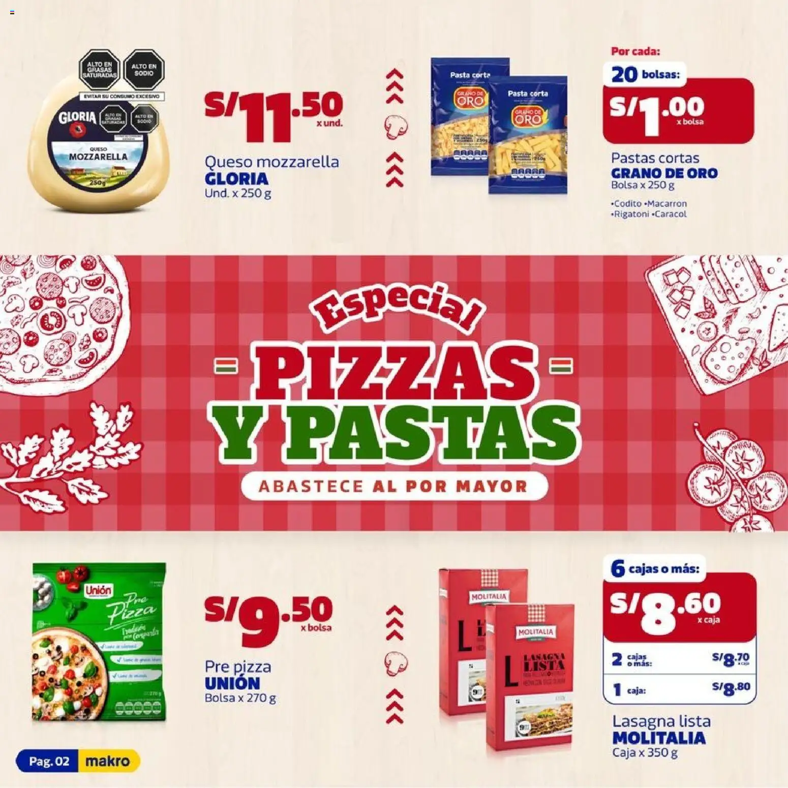 Catálogo Makro válido desde 09.04.2026 | Página: 2 | Productos: Caja, Queso, Pizza, Bolsa