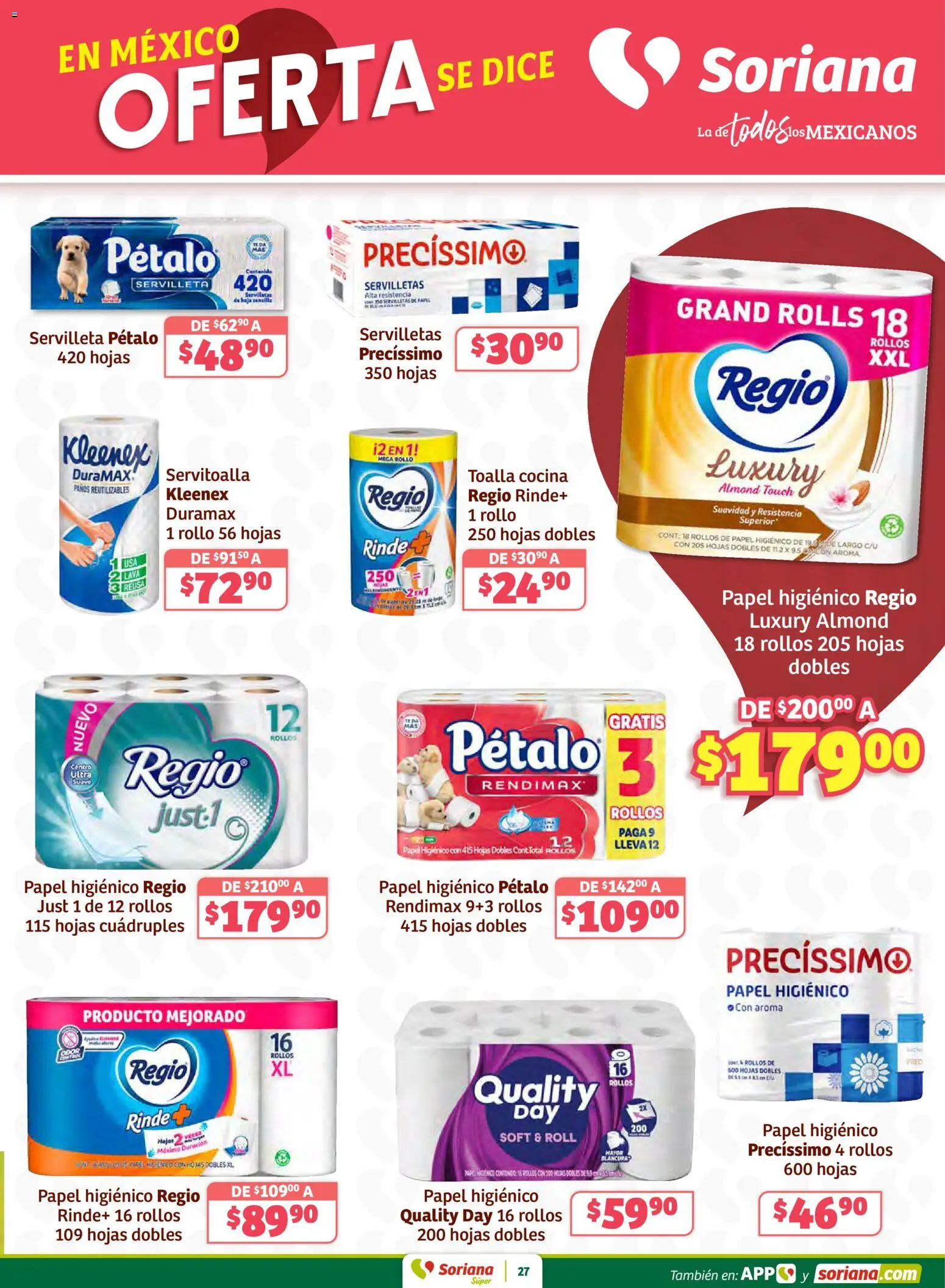 Nuevas ofertas de Soriana válidas en toda la República Mexicana desde el 26.02.2026. ¡Encuentra las mejores ofertas en Soriana - Preciazazaso Súper: Coah, Dur, NL, SLP, Tamps, Zac! | Página: 27 | Productos: Toalla, Papel higiénico, Cocina, Servilletas