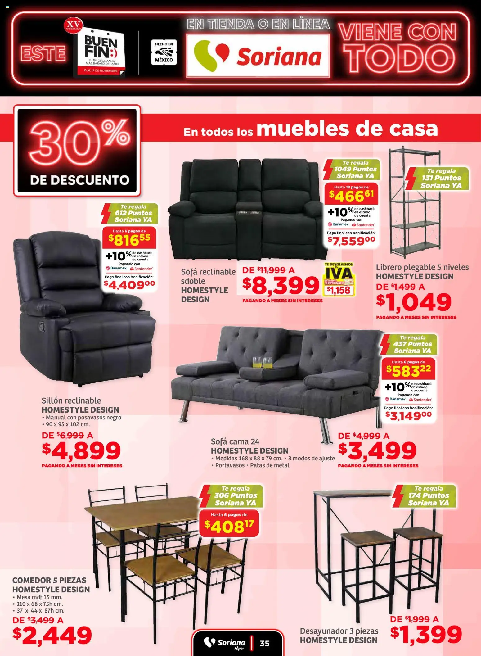 Nuevas ofertas de Soriana válidas en toda la República Mexicana desde el 13.11.2025. ¡Encuentra las mejores ofertas en Soriana Buen Fin ! | Página: 35 | Productos: Sofá, Mesa, Té, Desayunador