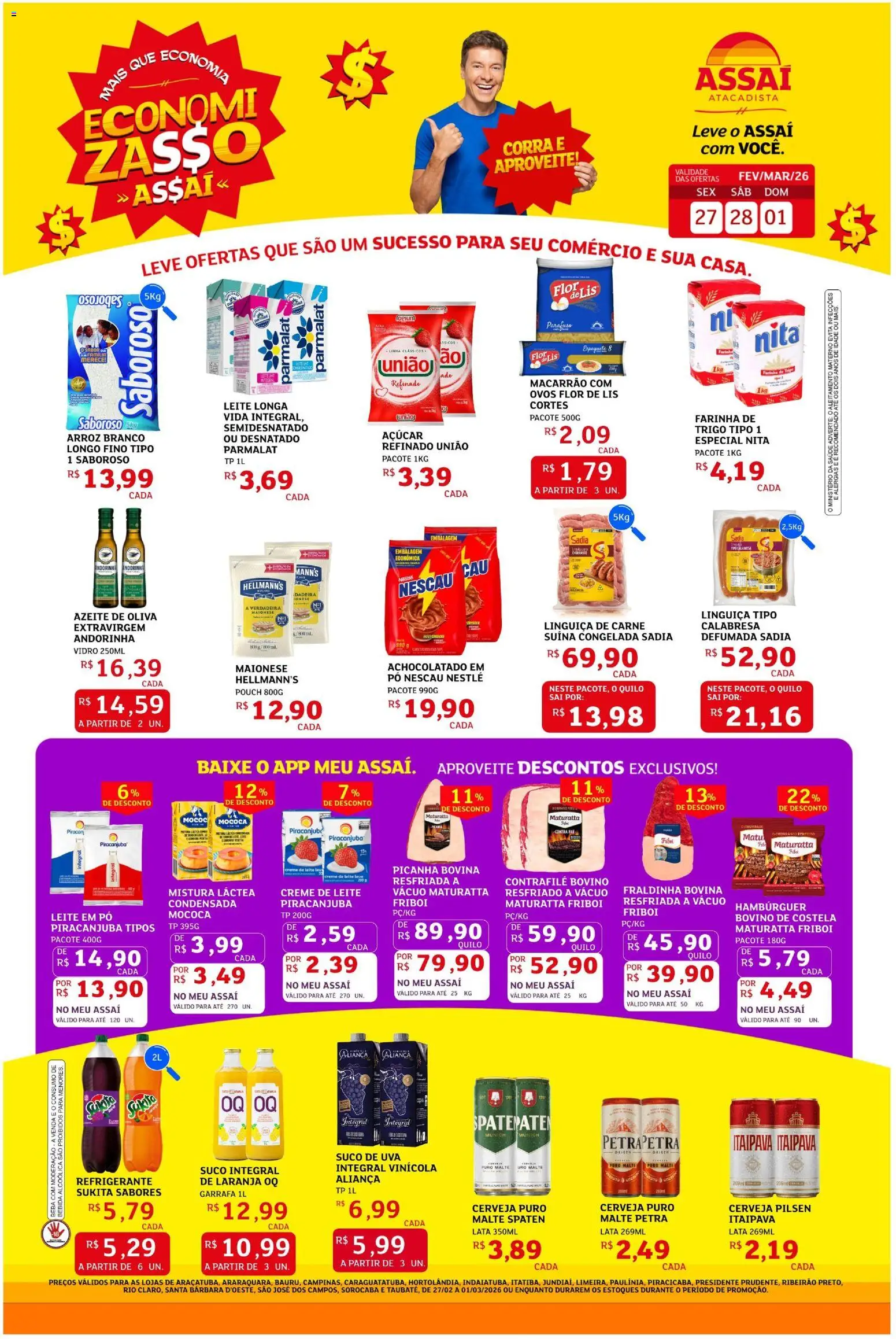 Assaí Atacadista Folheto - válido de 27.02.2026 | Página: 1 | Produtos: Espaguete, Suco, Macarrão, Açúcar