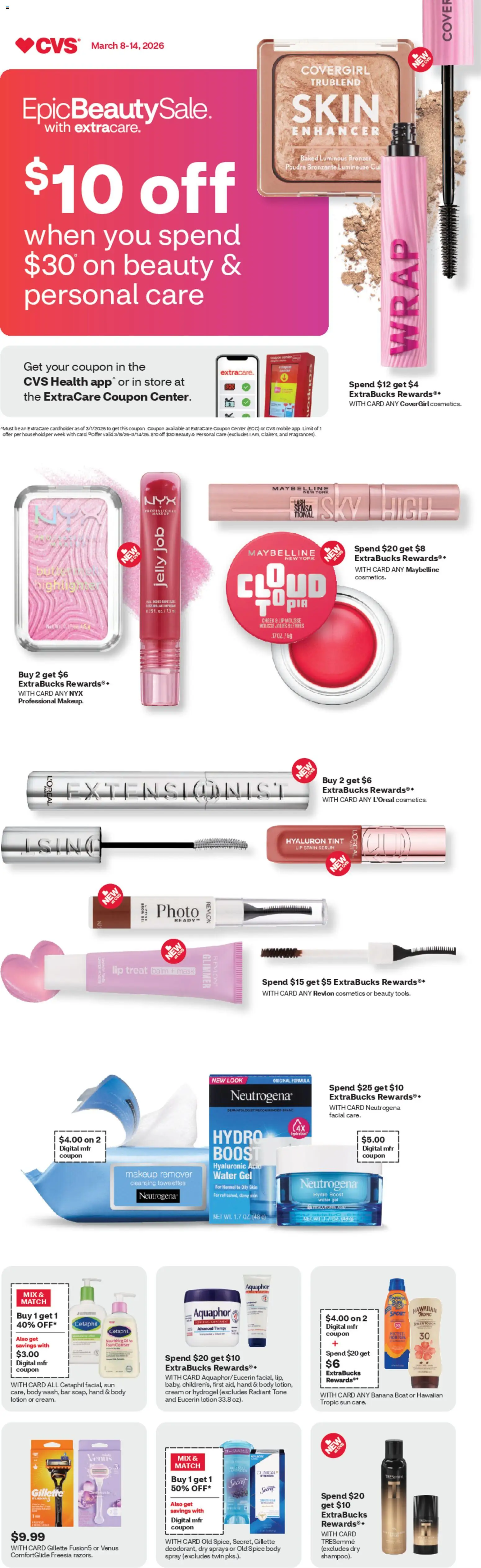 CVS Pharmacy Weekly Ad - valid from 08.03.2026 | Page: 1 | Products: Bronzer, Makeup Remover, Oil, Water