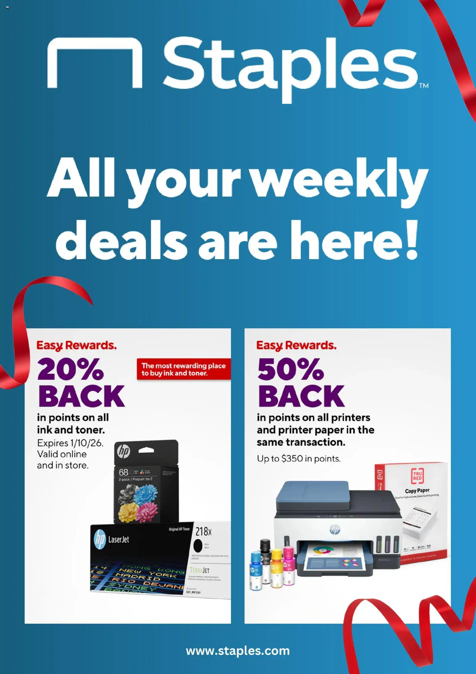 Staples Weekly Ad - valid from 04.01.2026 | Page: 1 | Products: Ink, Printer, Toner