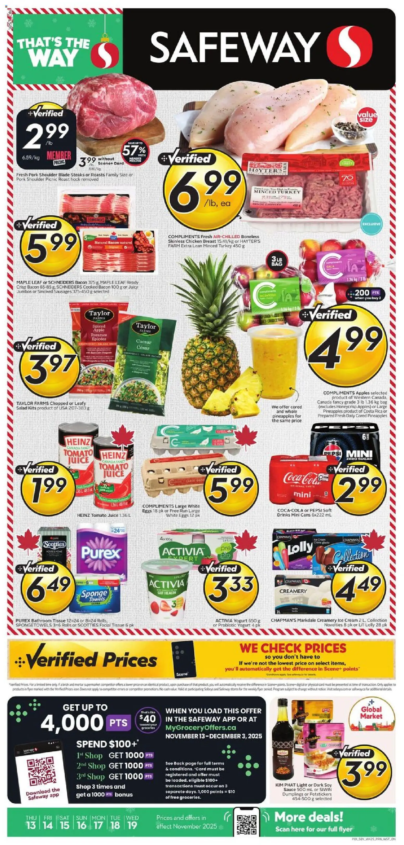 Safeway flyer valid from 13.11.2025 | Page: 1 | Products: Cream, Salad, Turkey, Sponge