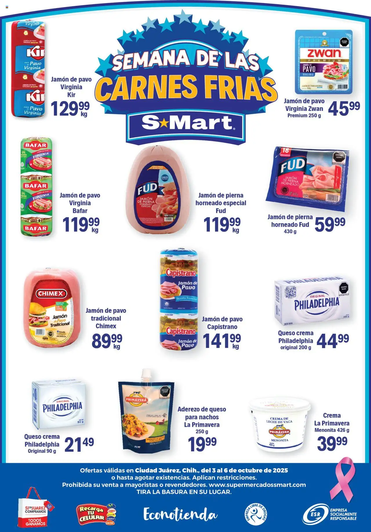 Nuevas ofertas de S-Mart válidas en toda la República Mexicana desde el 03.10.2025. ¡Encuentra las mejores ofertas en S-Mart - Folleto de Feria - Juarez! | Página: 6 | Productos: Queso crema, Crema, Leche, Jamón