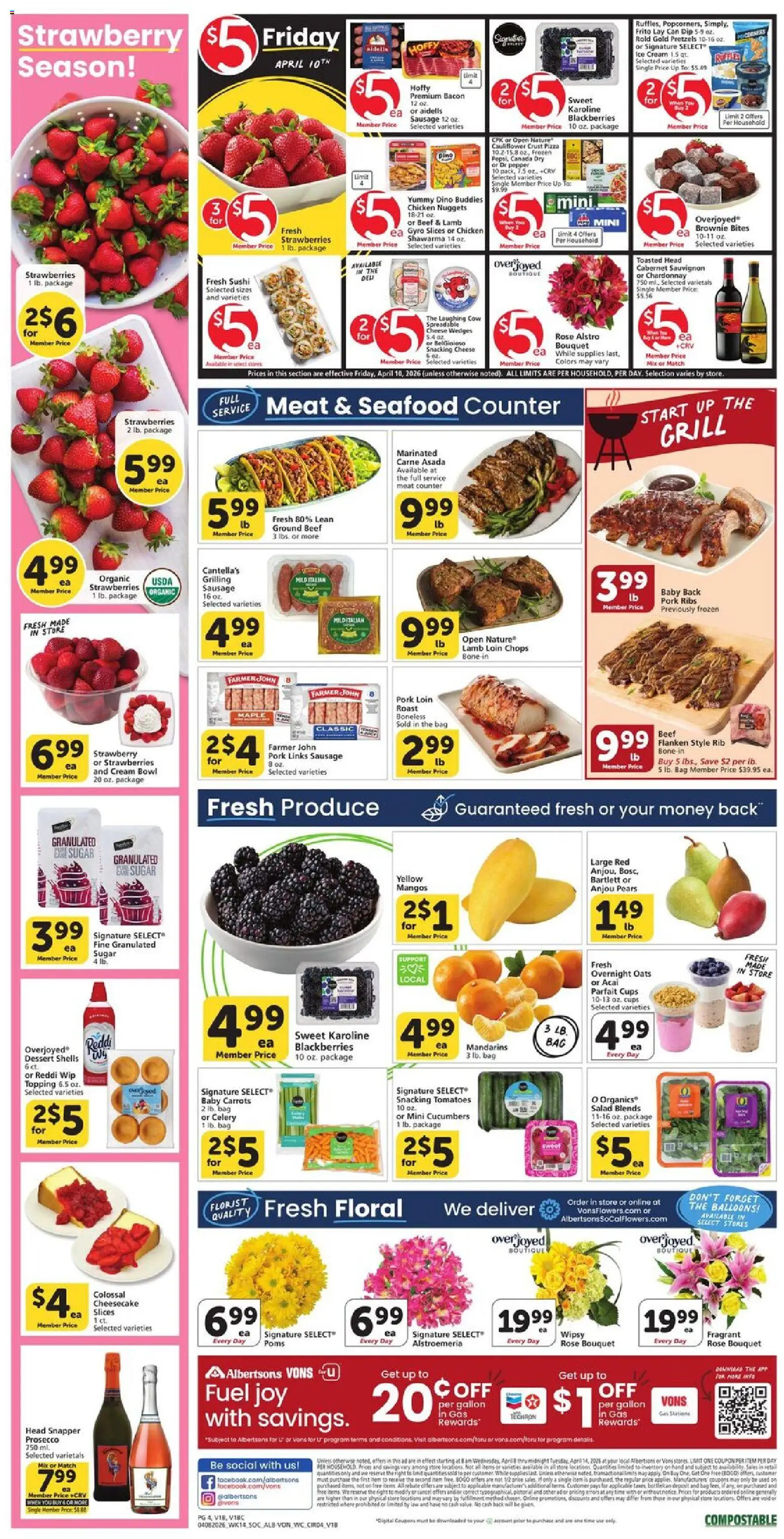 Vons Weekly Ad - valid from 08.04.2026 | Page: 4 | Products: Mandarins, Tomatoes, Beef, Strawberries