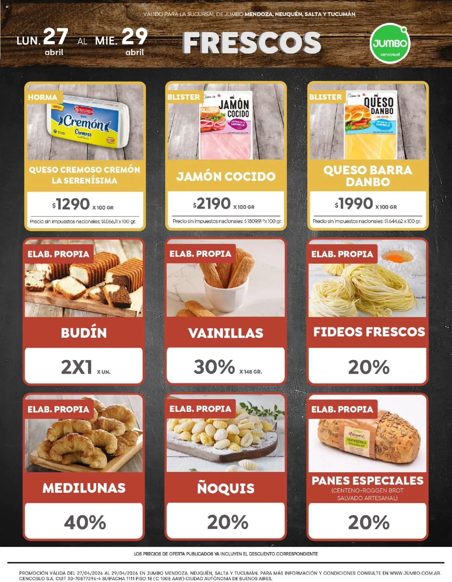 Jumbo - Ofertas | Interior │ válido desde el 27.04.2026 | Página: 1 | Productos: Jamón cocido, Budín, Queso, Fideos