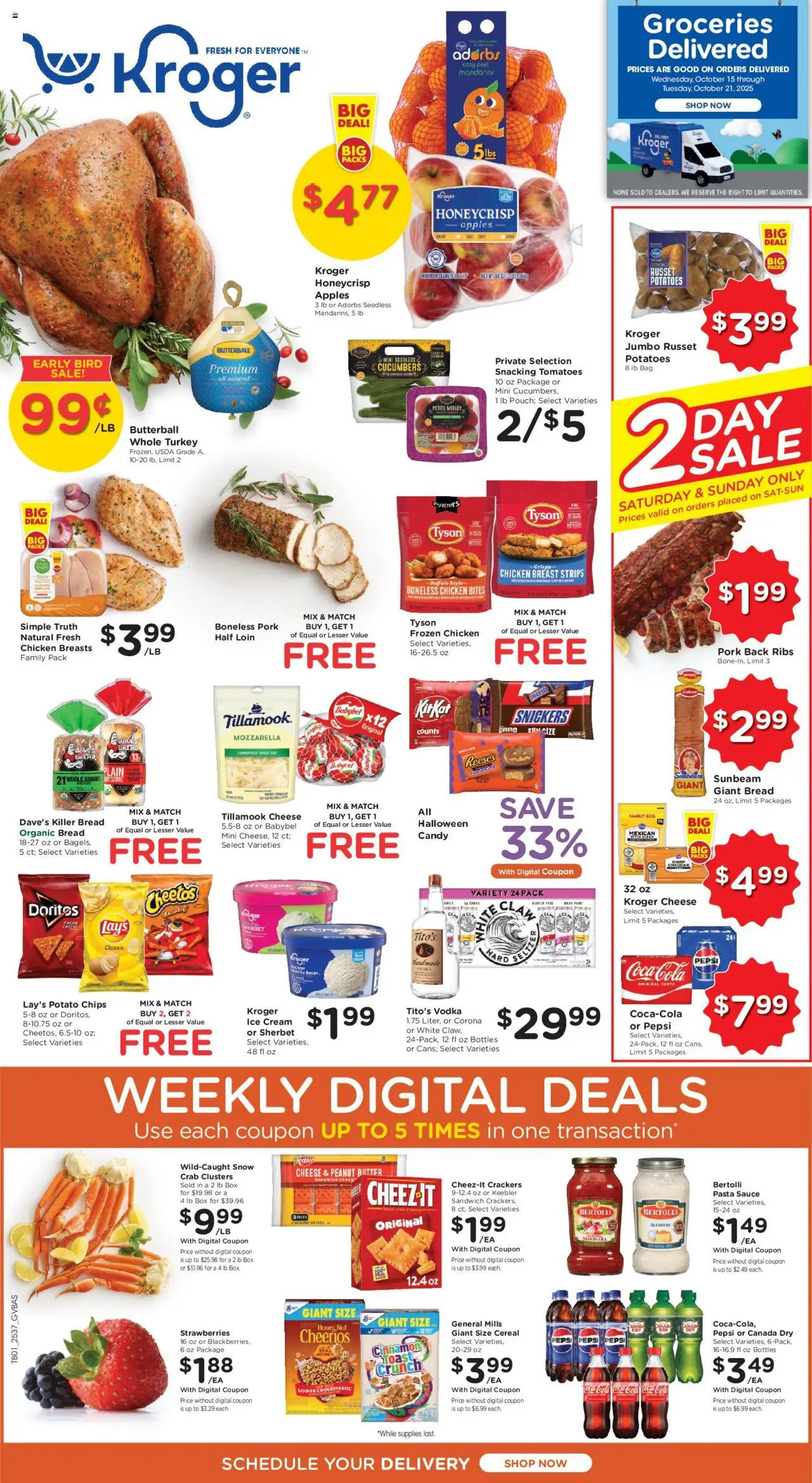 Kroger Ad - valid from 15.10.2025 | Page: 1 | Products: Mandarins, Strawberries, Pasta, Cucumbers