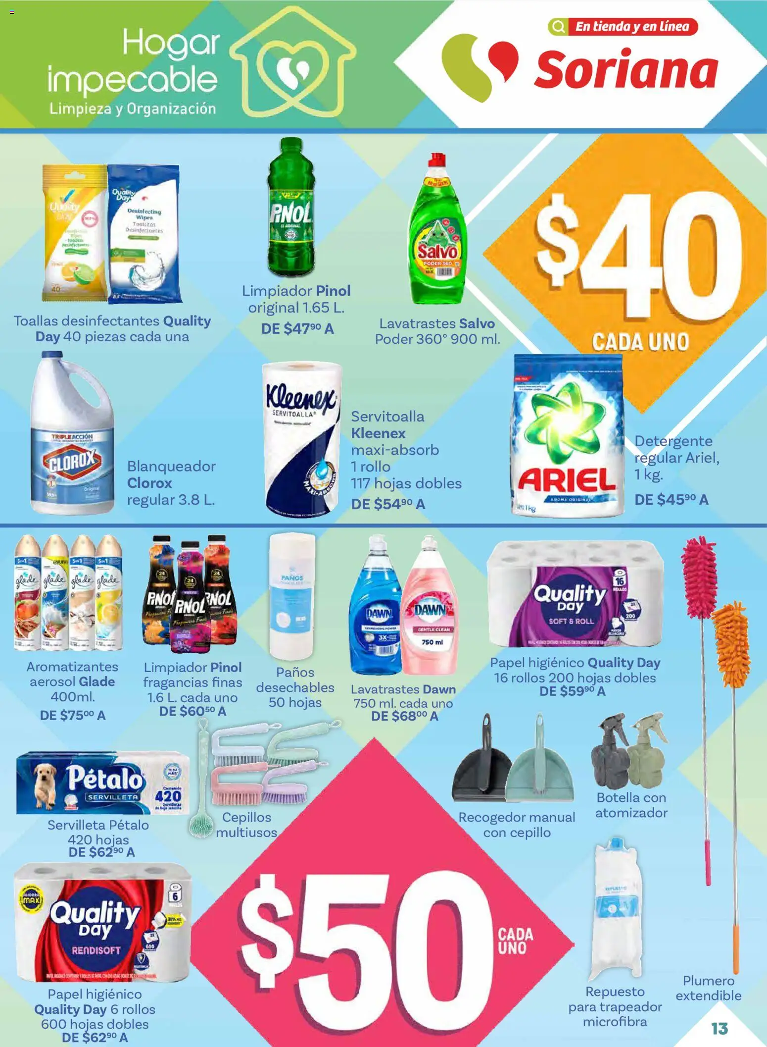 Nuevas ofertas de Soriana válidas en toda la República Mexicana desde el 15.01.2026. ¡Encuentra las mejores ofertas en Soriana - Hogar impecable Súper Nacional! | Página: 13 | Productos: Detergente, Cepillo, Botella, Toallas