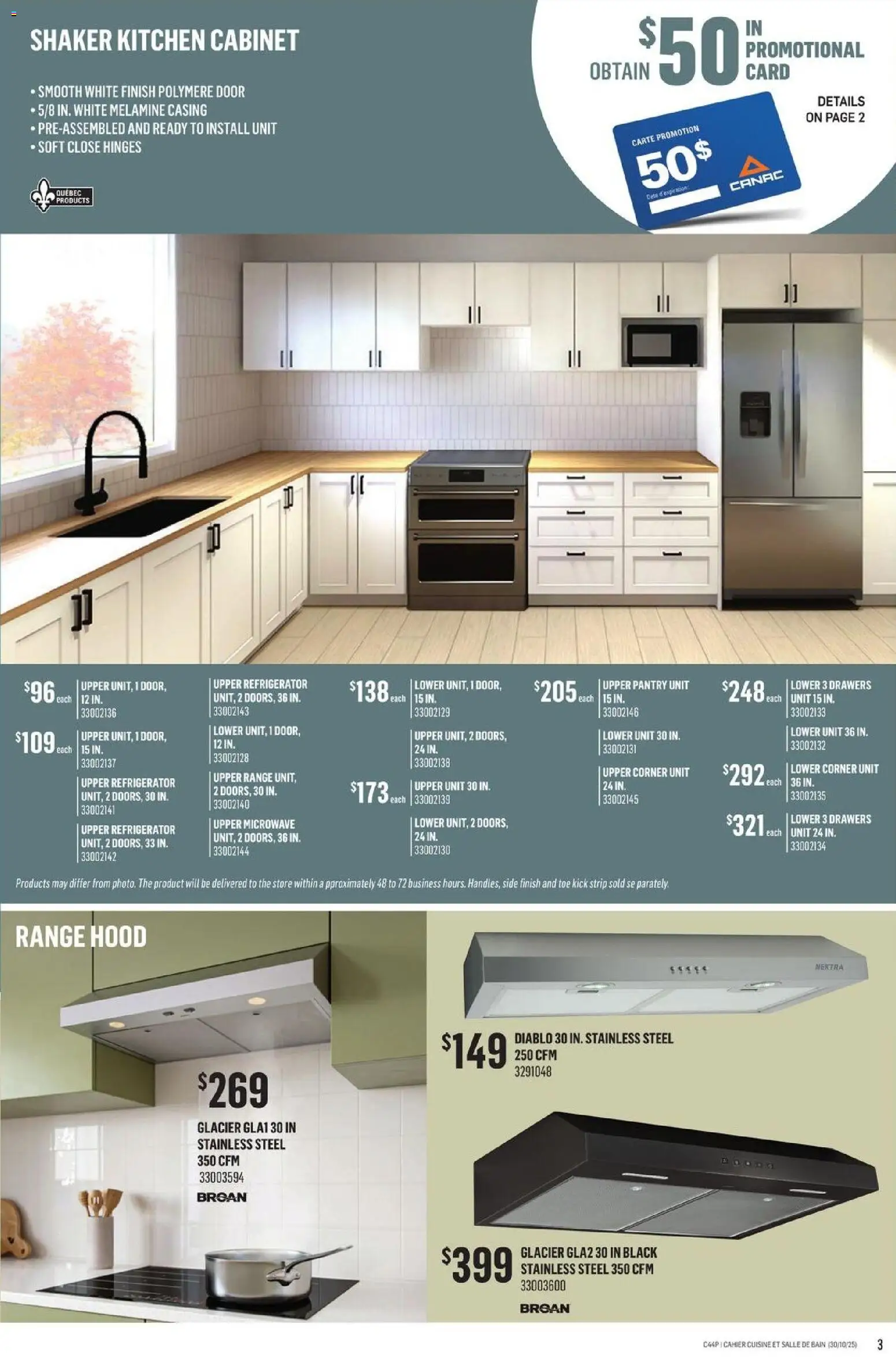 Canac flyer valid from 30.10.2025 | Page: 3 | Products: Refrigerator, Range hood, Cabinet