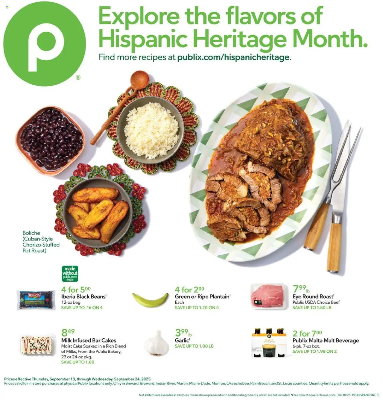 Publix Hispanic Ad - valid from 18.09.2025 | Page: 1 | Products: Milk, Beef, Bag