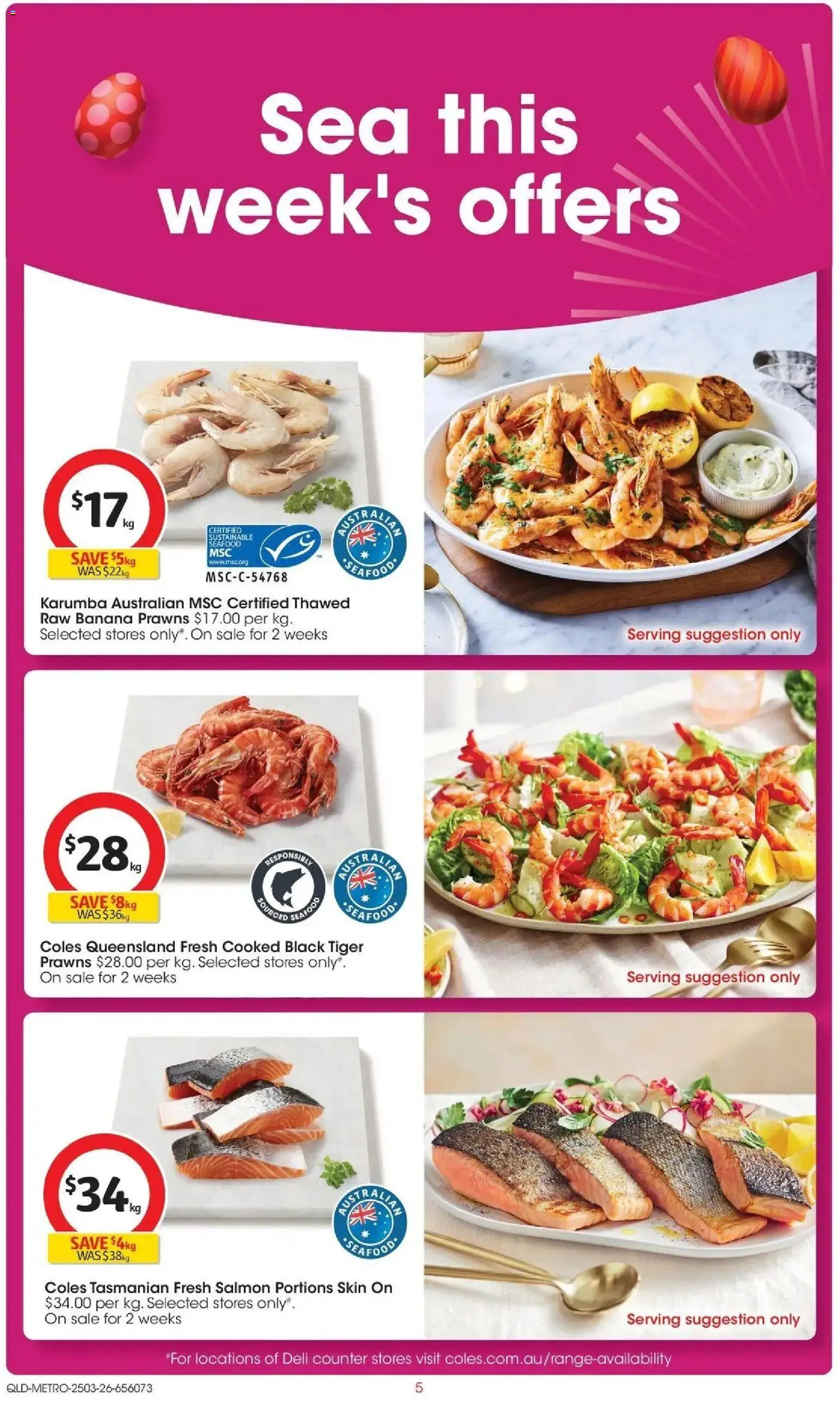 Coles catalogue - valid from 24.03.2026 | Page: 5 | Products: Prawns, Salmon, Sustainable, Seafood