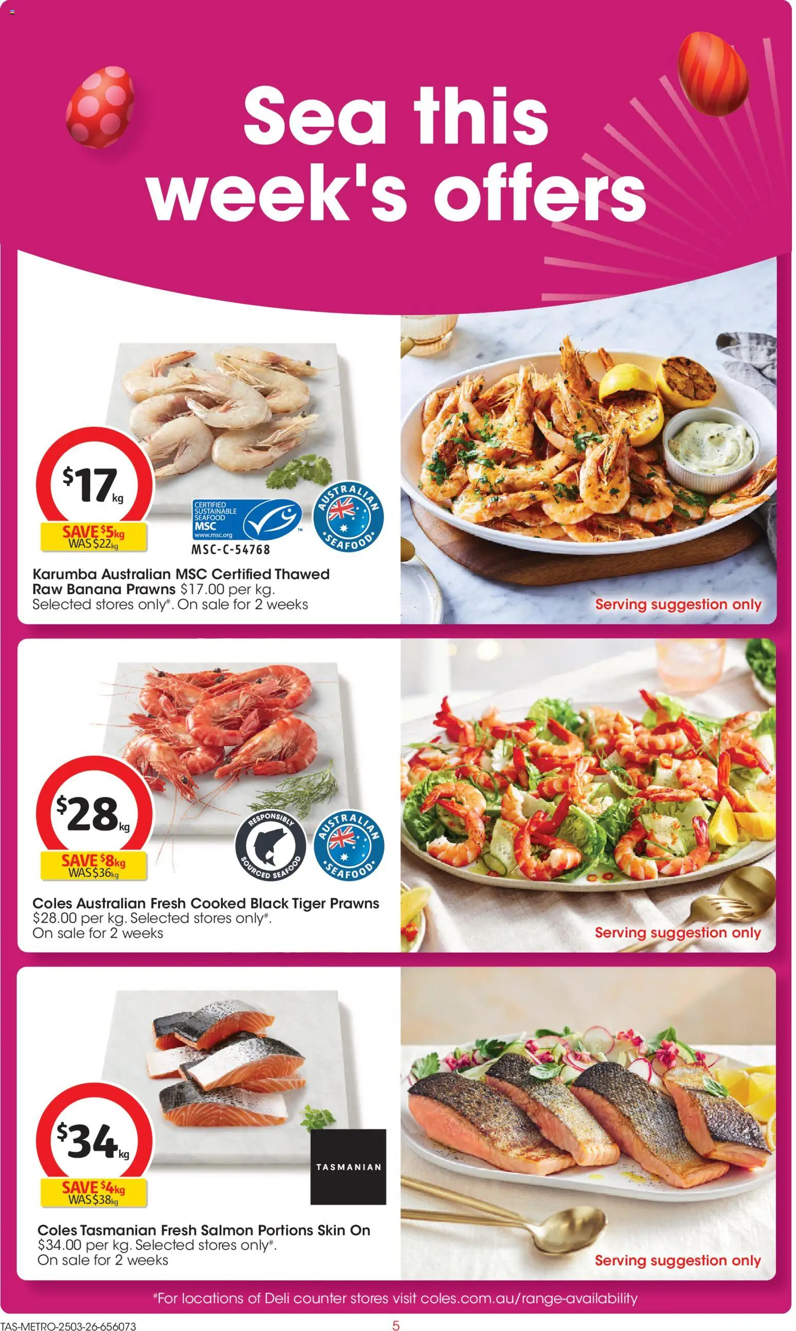 Coles catalogue - valid from 25.03.2026 | Page: 5 | Products: Prawns, Salmon, Sustainable, Seafood