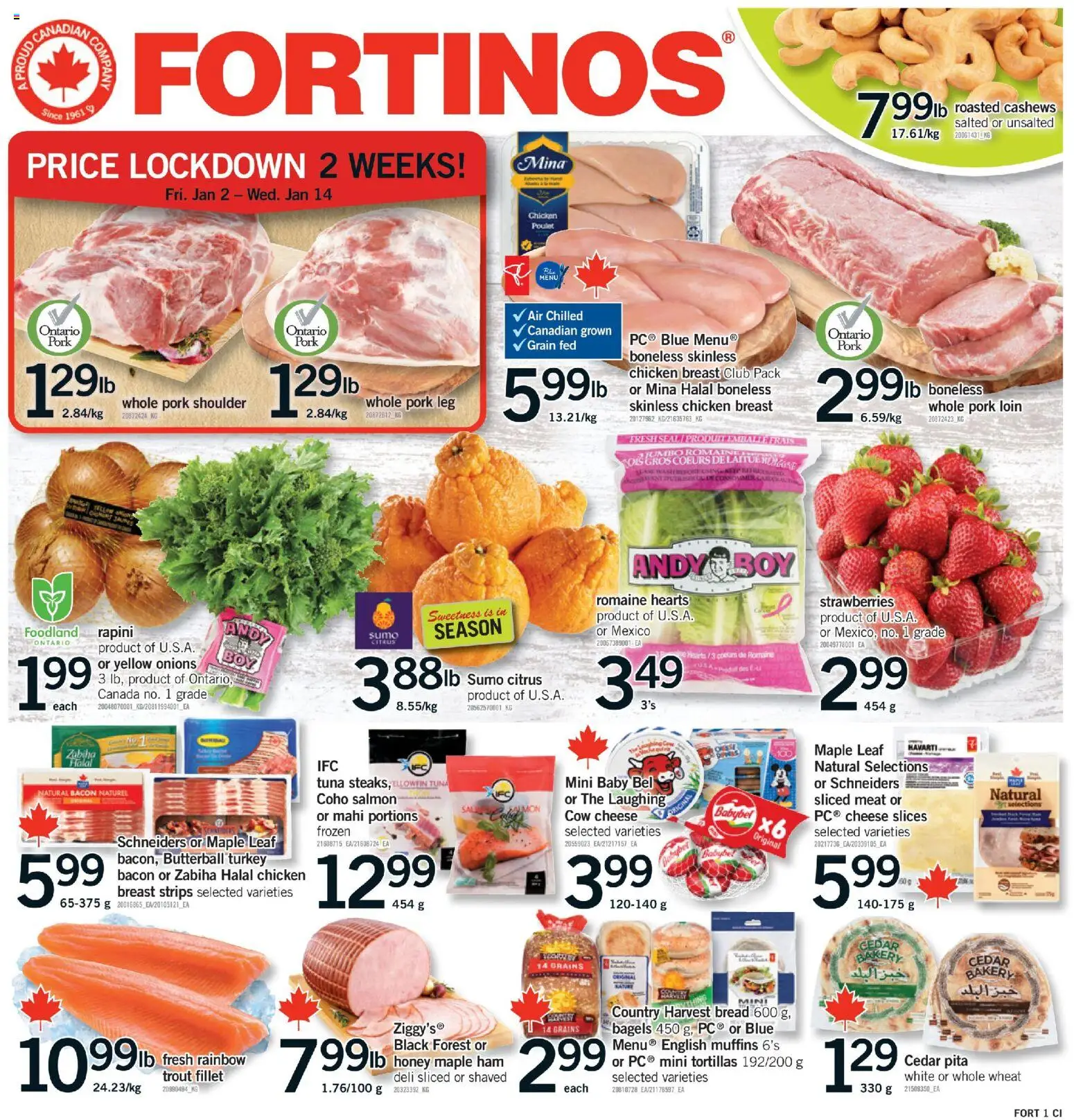 Fortinos flyer valid from 01.01.2026 | Page: 1 | Products: Strawberries, Bread, Chicken, Pork