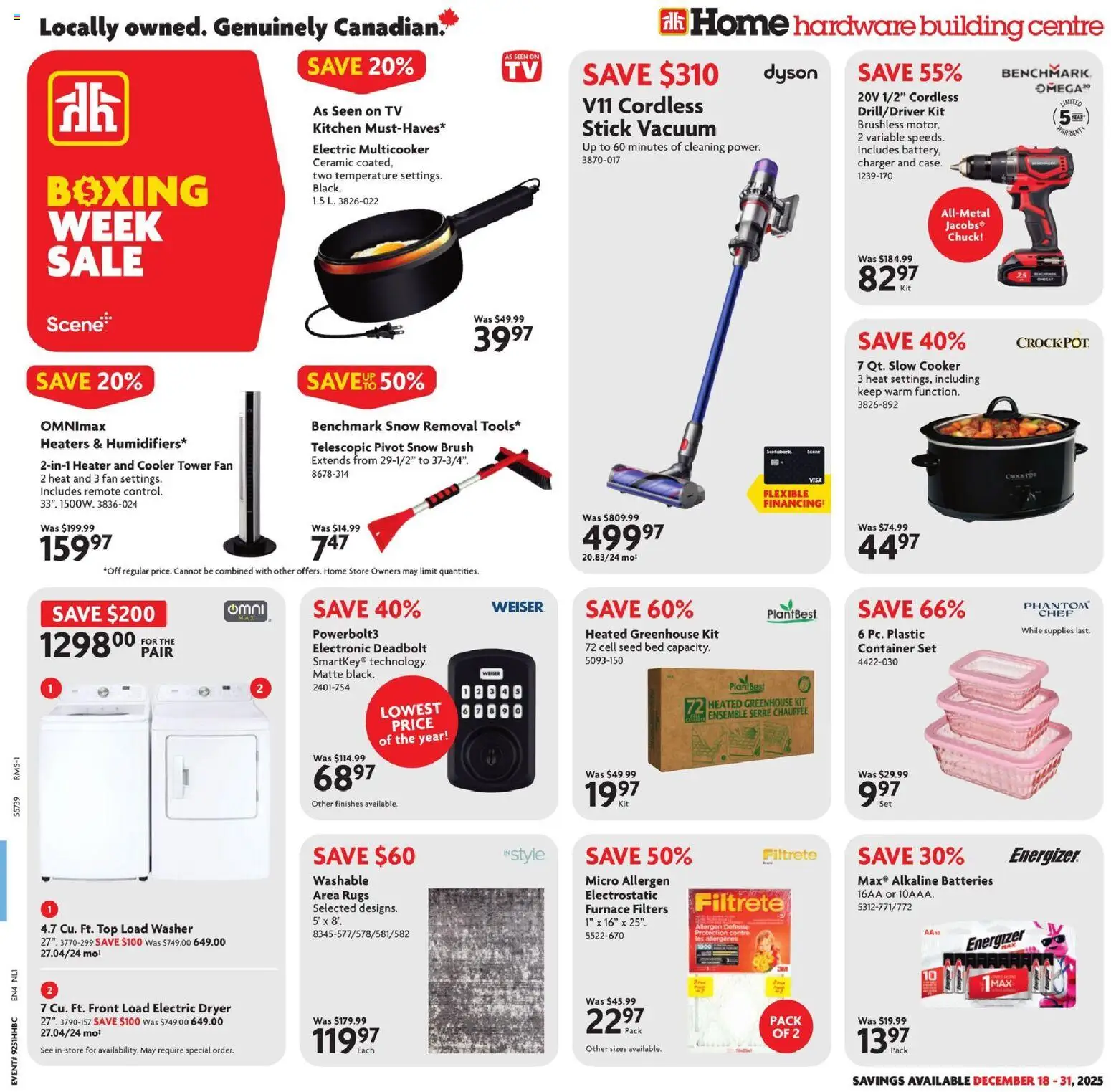 Home Hardware flyer valid from 18.12.2025 | Page: 1 | Products: Tv, Cooker, Brush, Bed