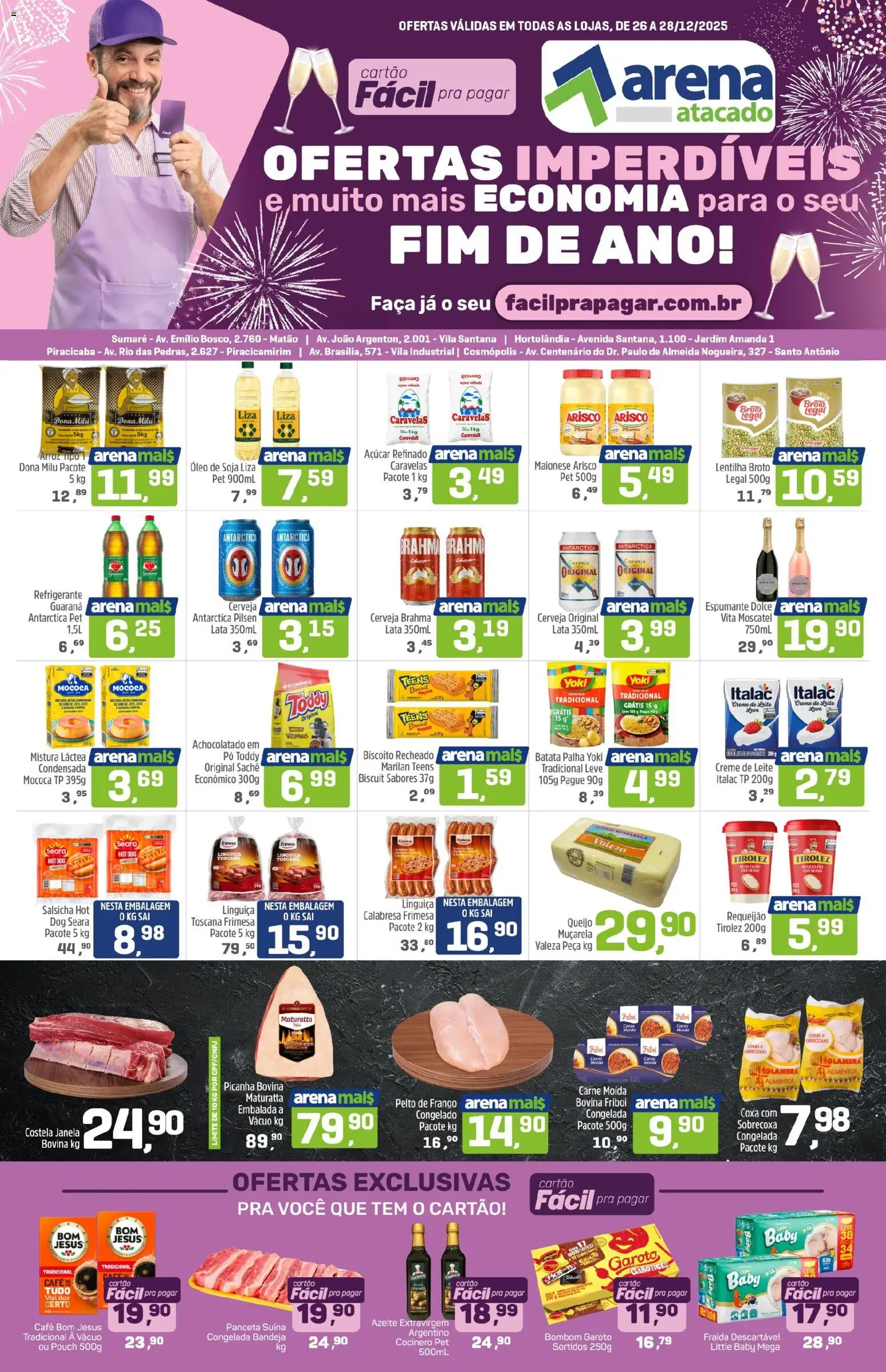 Arena Atacado Folheto - válido de 26.12.2025 | Página: 1 | Produtos: Salsicha, Muçarela, Arroz, Creme