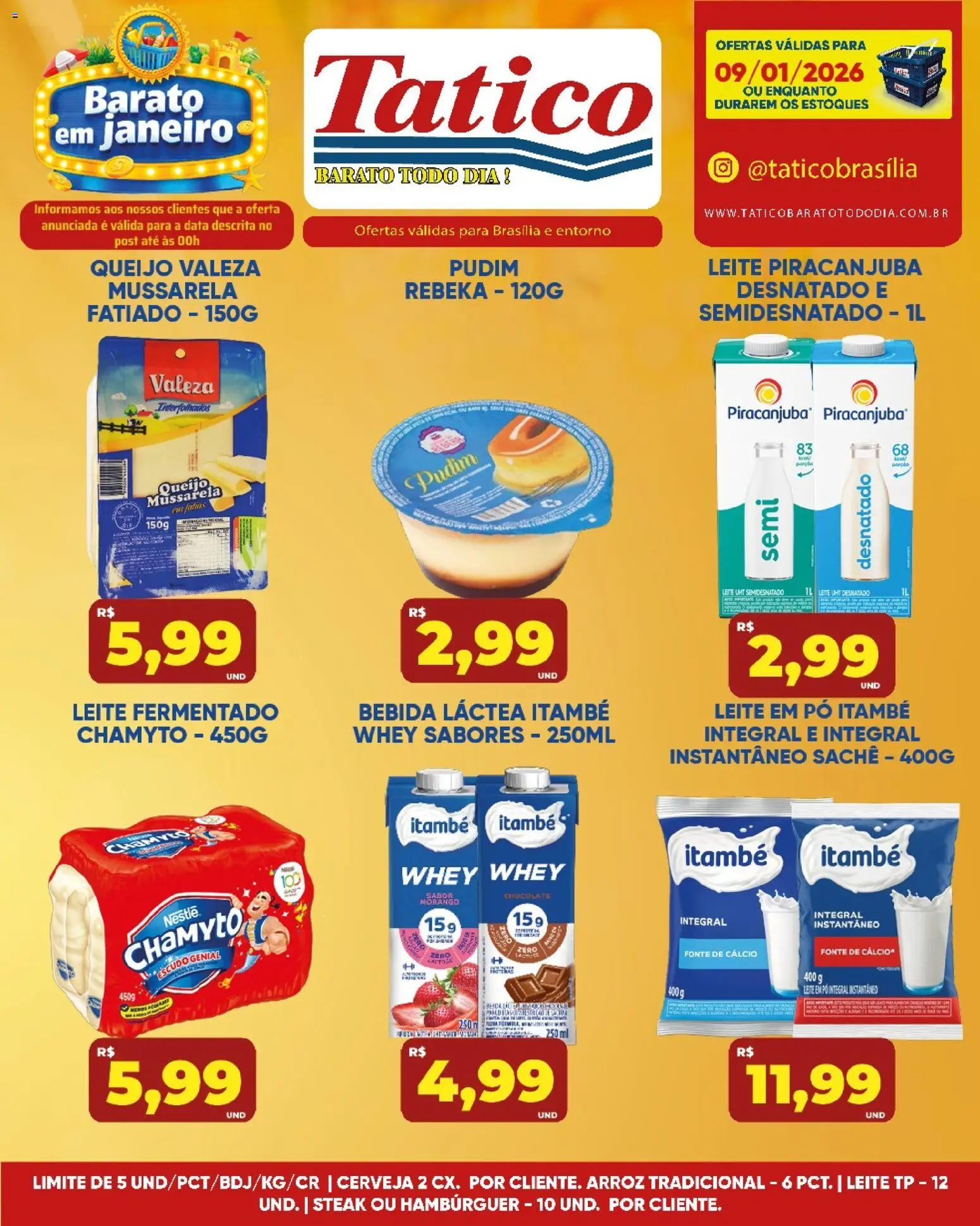 Tatico Folheto - válido de 09.01.2026 | Página: 5 | Produtos: Leite, Arroz, Hambúrguer, Mussarela
