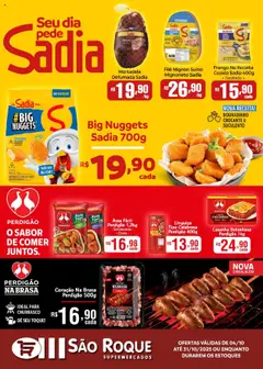 São Roque Supermercados - Ofertas BRF - Pré-Visualização do folheto da loja São Roque Supermercados, válido de 04.10.2025 | Página: 1 | Produtos: Linguiça, Filé mignon, Mortadela, Carne
