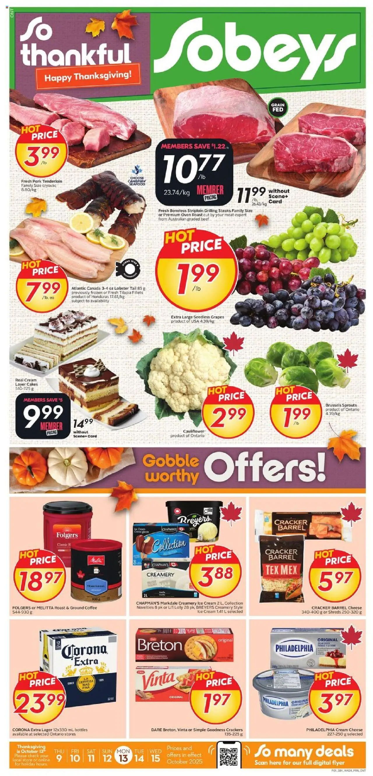 Sobeys flyer valid from 09.10.2025 | Page: 1 | Products: Cream, Ice cream, Oven, Pork