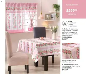 Vista previa de Cortina de cocina rosas, 100% poliéster. 2 paneles de 70 x 95 cm; galería de 140 x 25 cm y agarraderas de 35 x 5 cm c/u., nuevo folleto de la tienda, válido en México a partir del 02.04.2026 | Página: 43 | Productos: Mantel, Cocina, Mesa