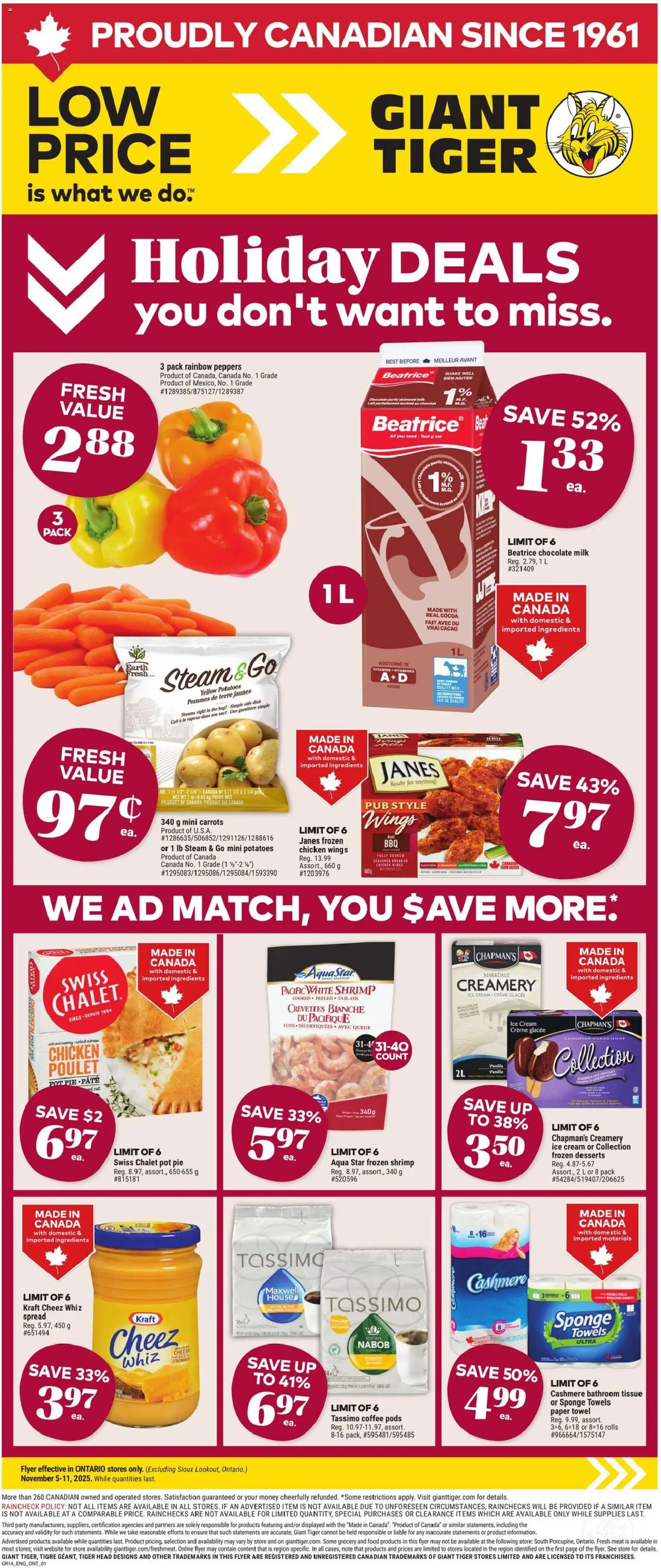 Giant Tiger flyer valid from 05.11.2025 | Page: 1 | Products: Cream, Ice cream, Potatoes, Bag
