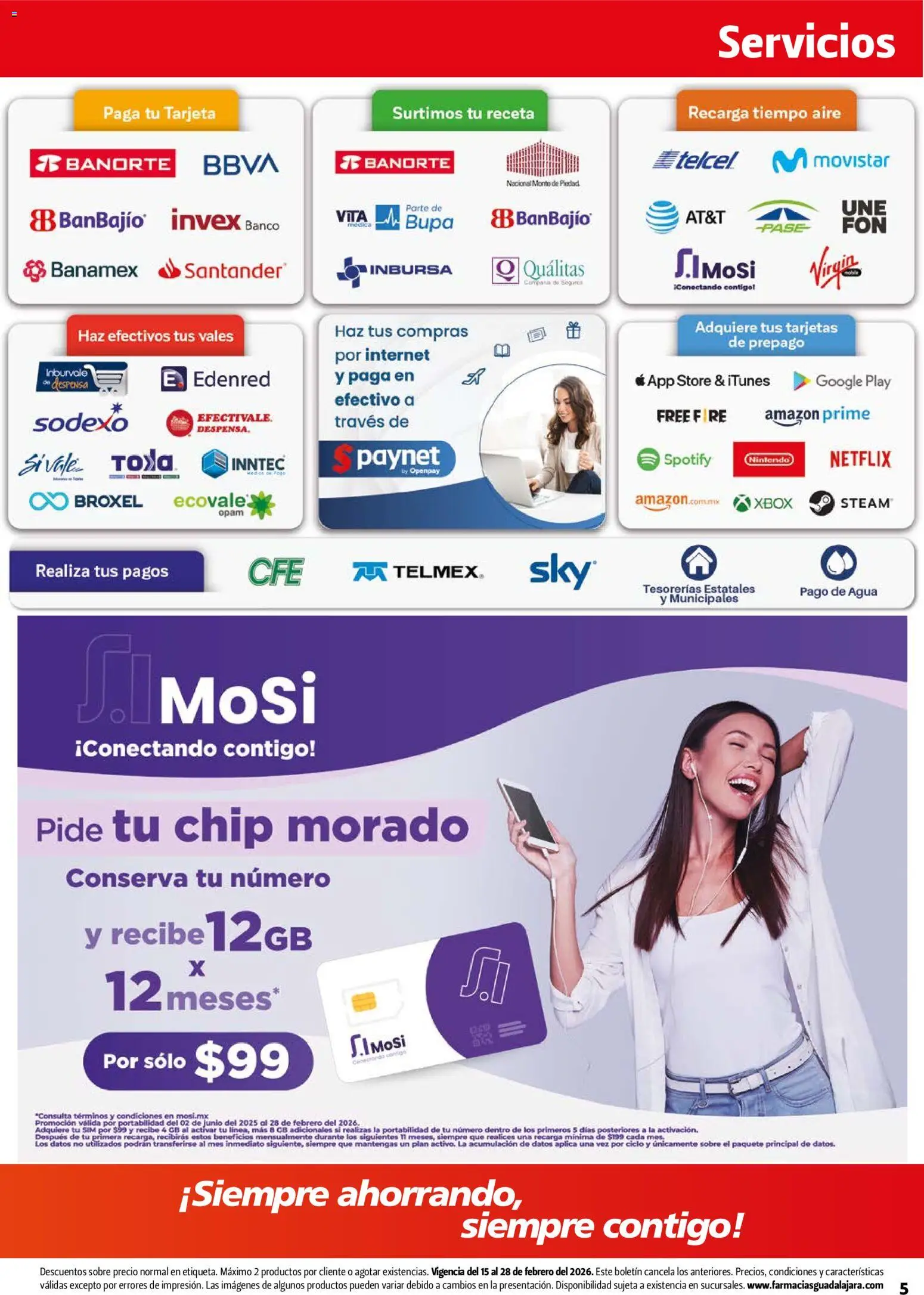 Nuevas ofertas de Farmacia Guadalajara válidas en toda la República Mexicana desde el 15.02.2026. ¡Encuentra las mejores ofertas en Farmacia Guadalajara catálogo! | Página: 5 | Productos: Agua, Banco, Despensa, Sobre