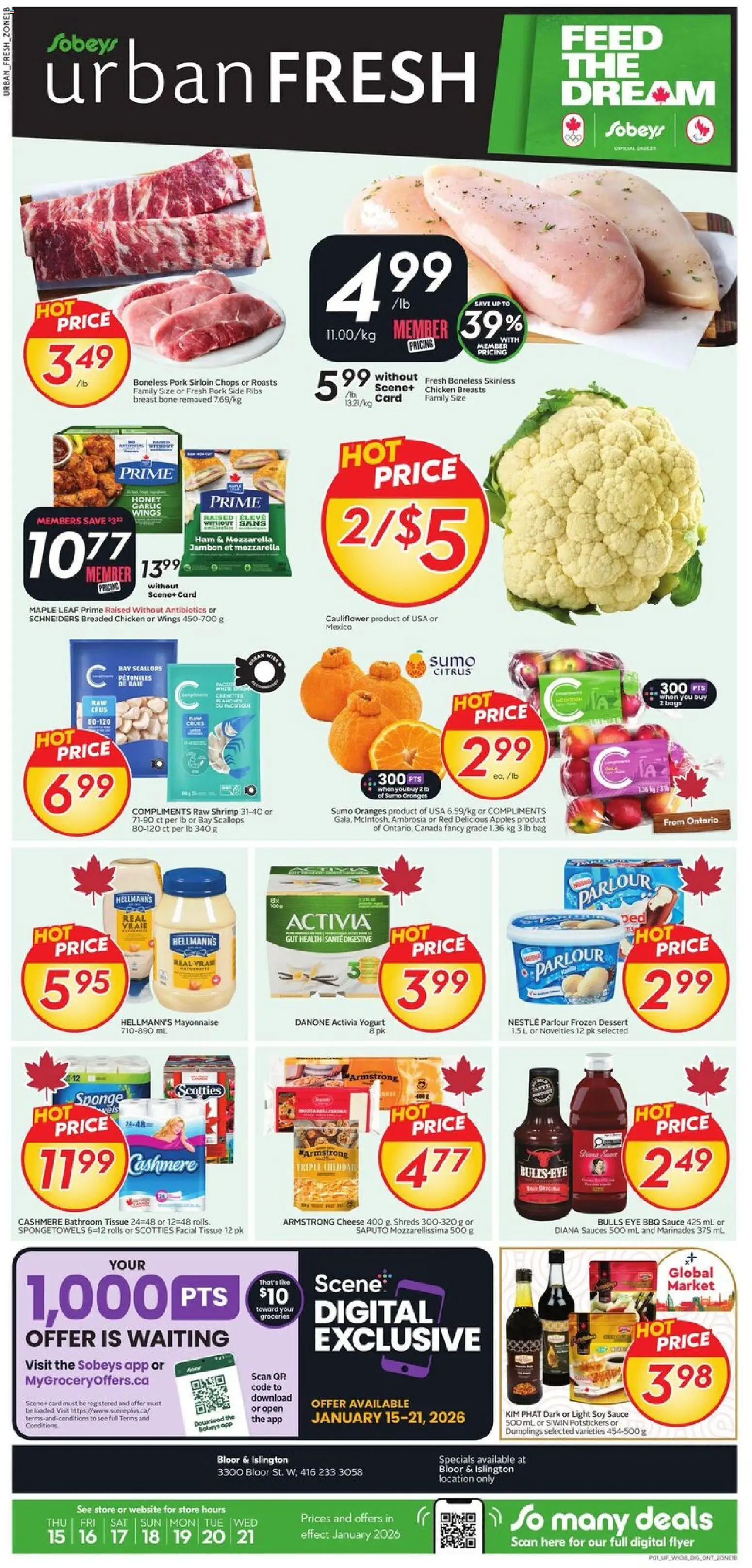 Sobeys flyer valid from 15.01.2026 | Page: 1 | Products: Chicken breasts, Bag, Pork, Apples
