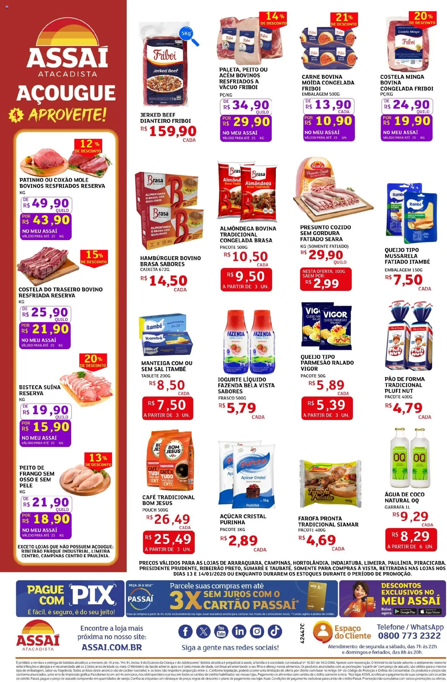 Assaí Atacadista Folheto - válido de 13.01.2026 | Página: 2 | Produtos: Base, Carne, Telefone, Mussarela