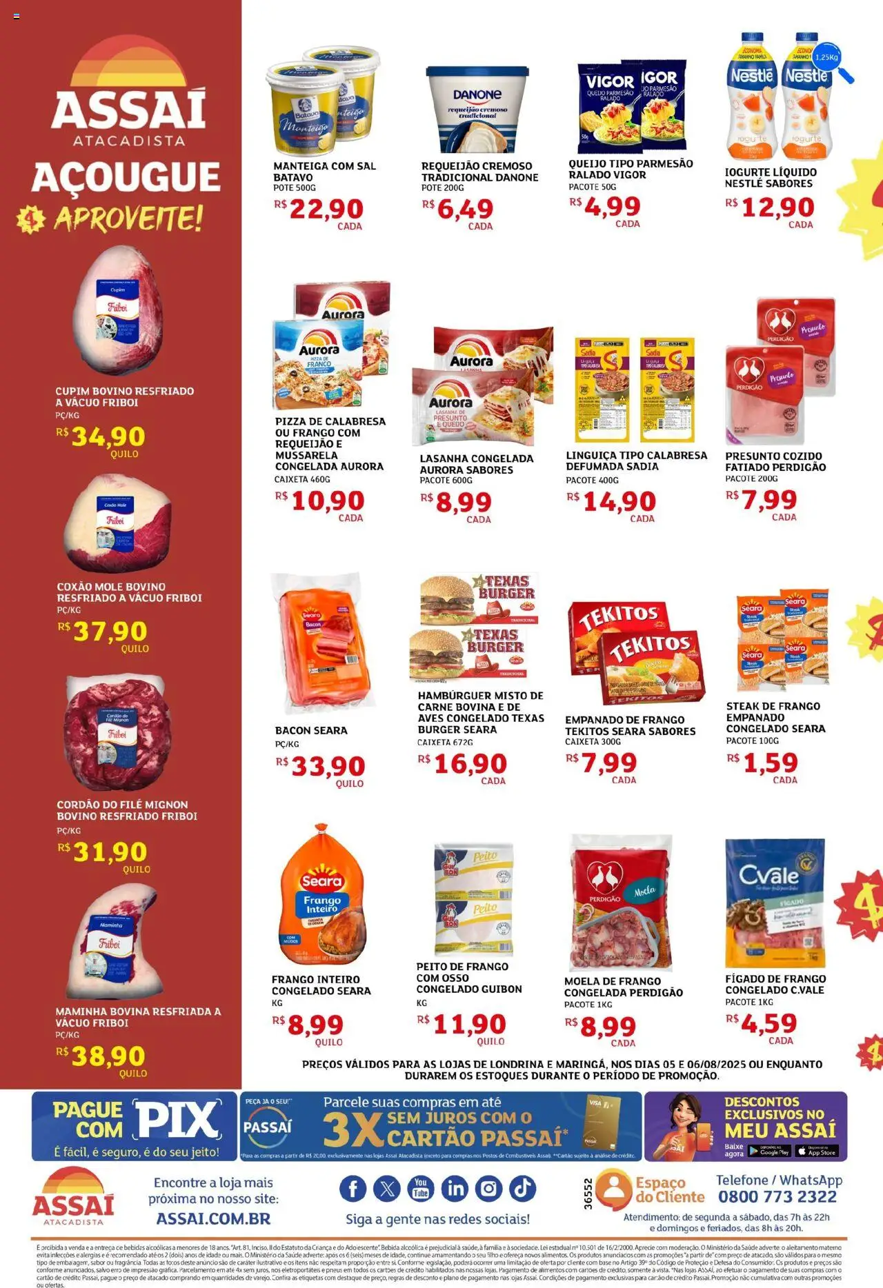 Assaí Atacadista Folheto - válido de 05.08.2025 | Página: 2 | Produtos: Linguiça, Iogurte, Pizza, Peito de frango