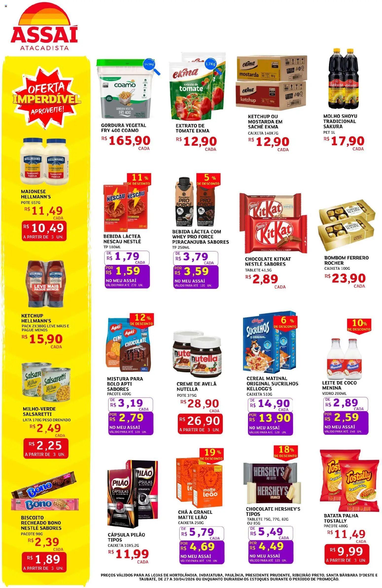 Assaí Atacadista Folheto - válido de 27.04.2026 | Página: 2 | Produtos: Molho shoyu, Leite, Chocolate, Creme de avelã