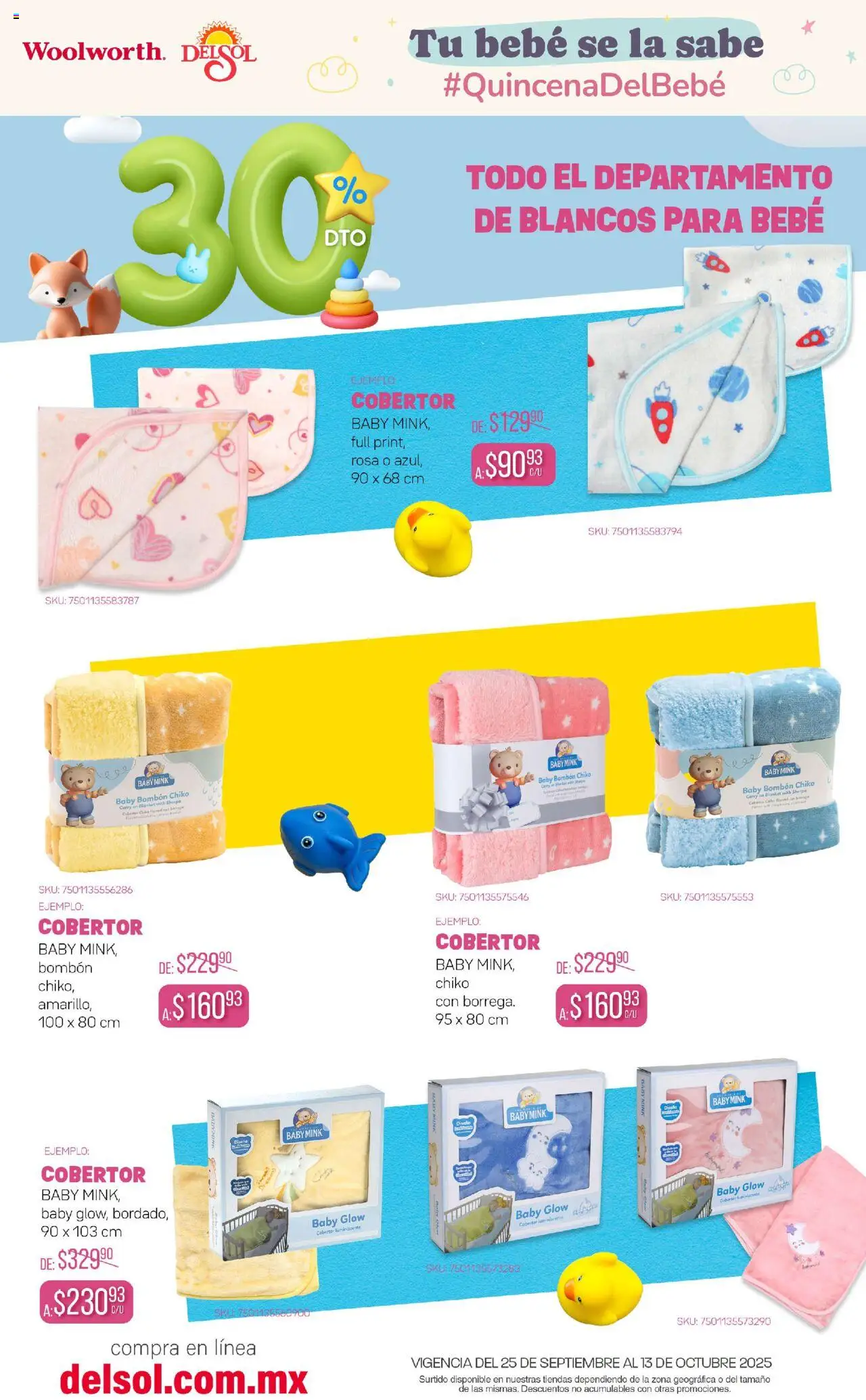 Nuevas ofertas de Del Sol y Woolworth válidas en toda la República Mexicana desde el 25.09.2025. ¡Encuentra las mejores ofertas en Del Sol y Woolworth - Catálogo Quincena del Bebé! | Página: 9 | Productos: Cobertor