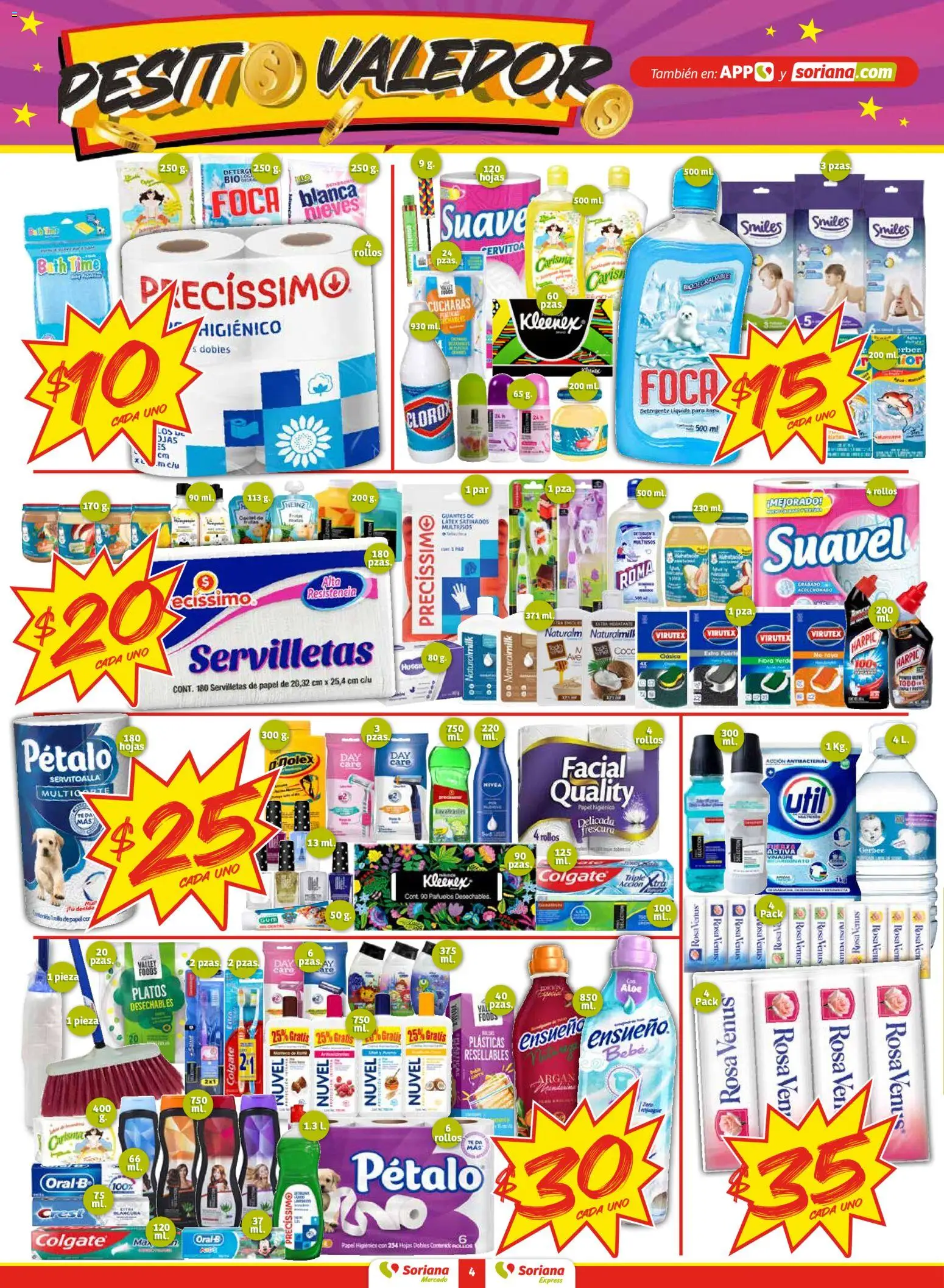 Nuevas ofertas de Soriana válidas en toda la República Mexicana desde el 02.01.2026. ¡Encuentra las mejores ofertas en Soriana - Pesito Valedor Mercado: Camp, Chia, Oax, Q. Roo, Tab, Yuc! | Página: 4 | Productos: Detergente, Papel higiénico, Ropa, Servilletas