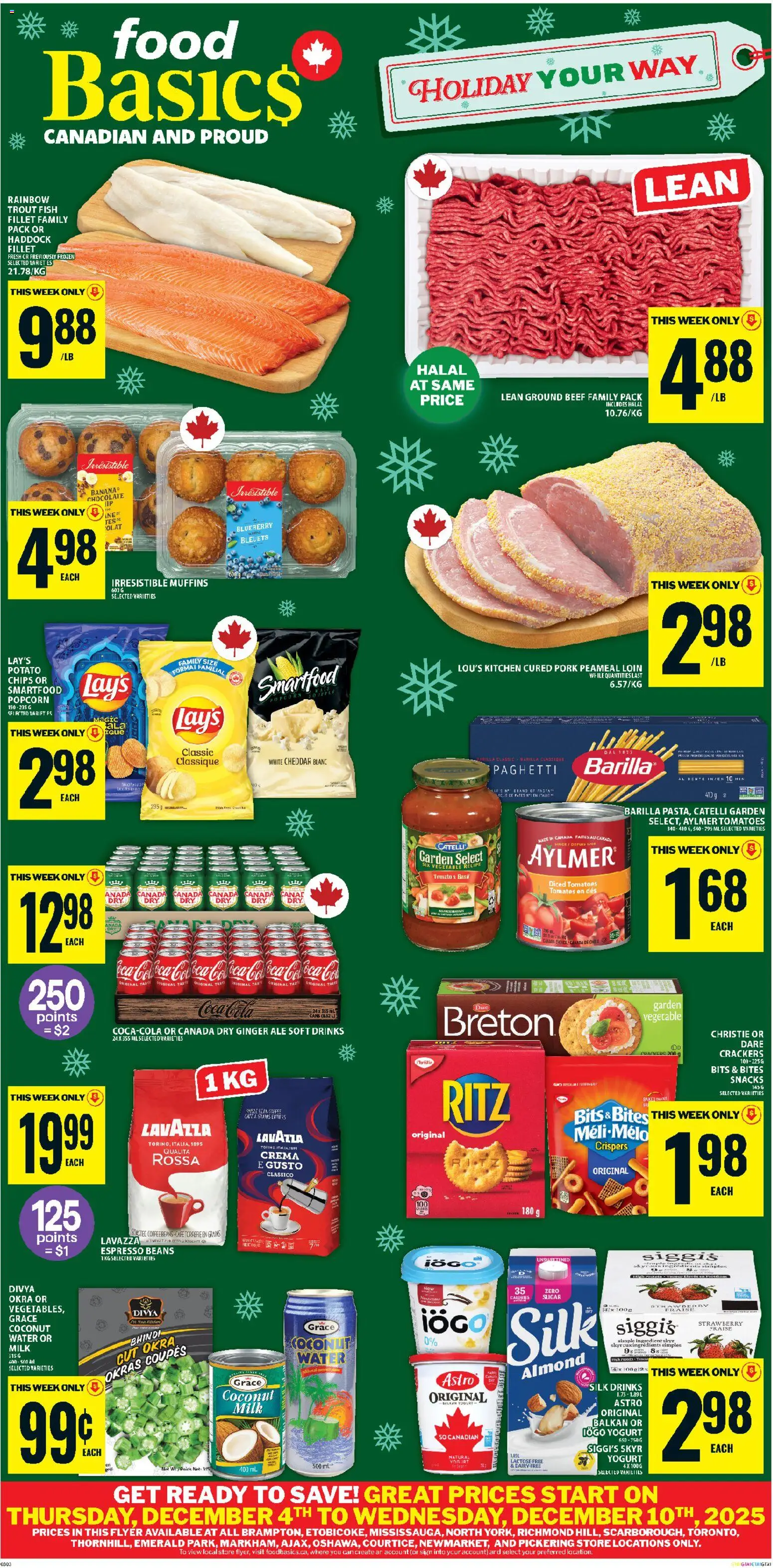 Food Basics flyer valid from 04.12.2025 | Page: 1 | Products: Chips, Yogurt, Tomatoes, Bananas