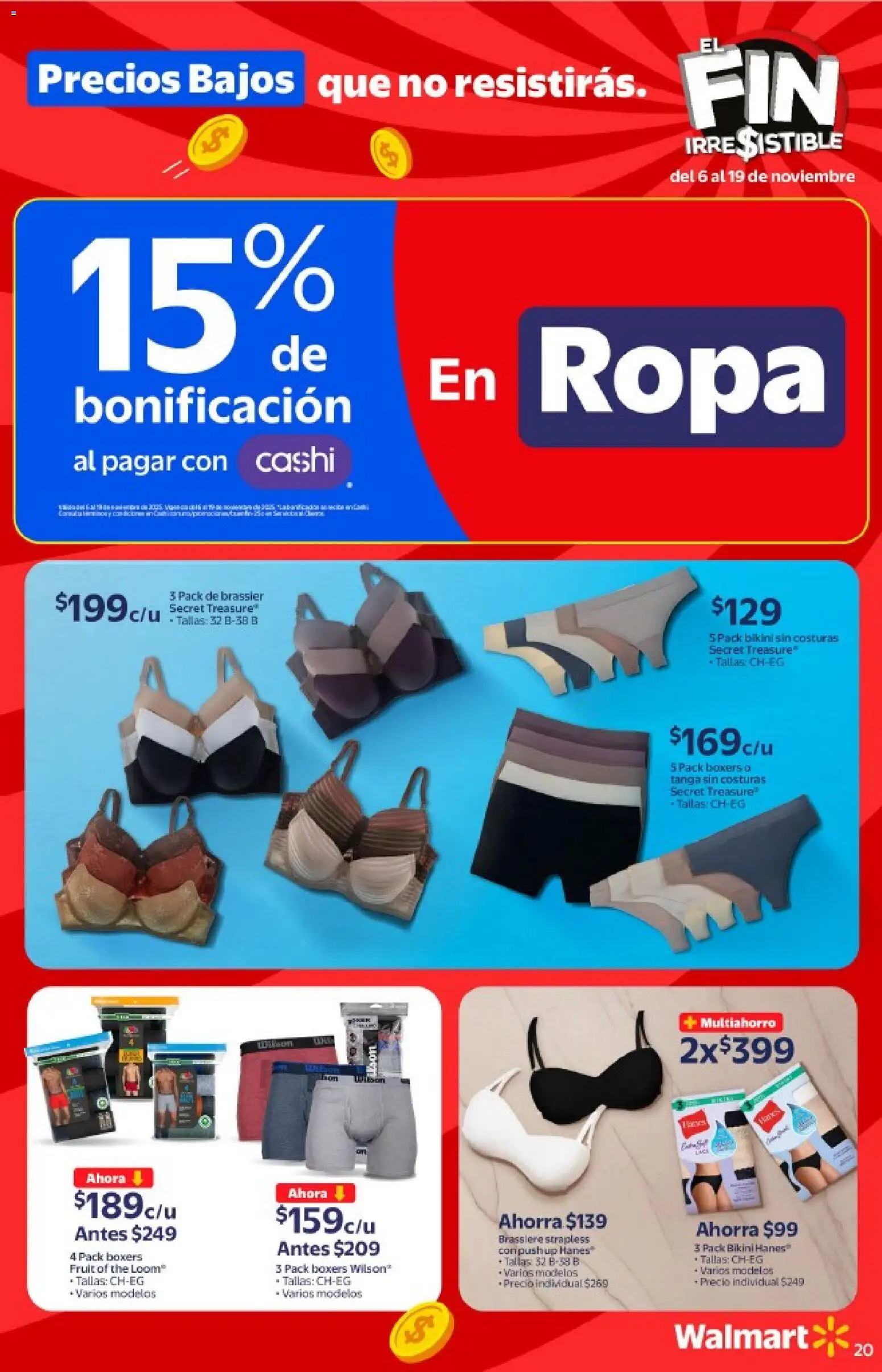 Nuevas ofertas de Walmart válidas en toda la República Mexicana desde el 06.11.2025. ¡Encuentra las mejores ofertas en Walmart Buen Fin ! | Página: 20 | Productos: Boxers, Ropa, Bikini