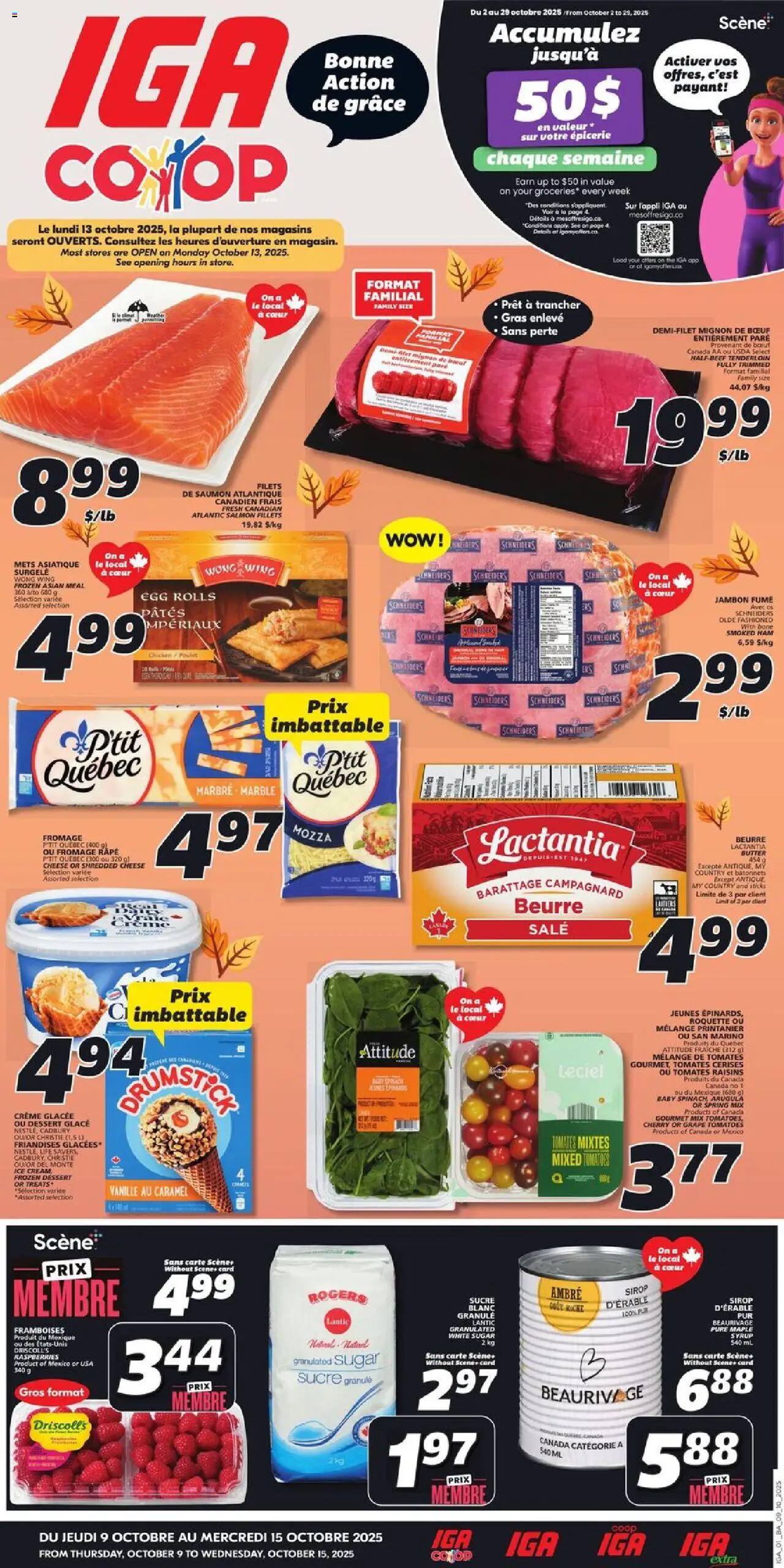 IGA flyer valid from 09.10.2025 | Page: 1 | Products: Cheese, Ham, Chicken, Tomatoes