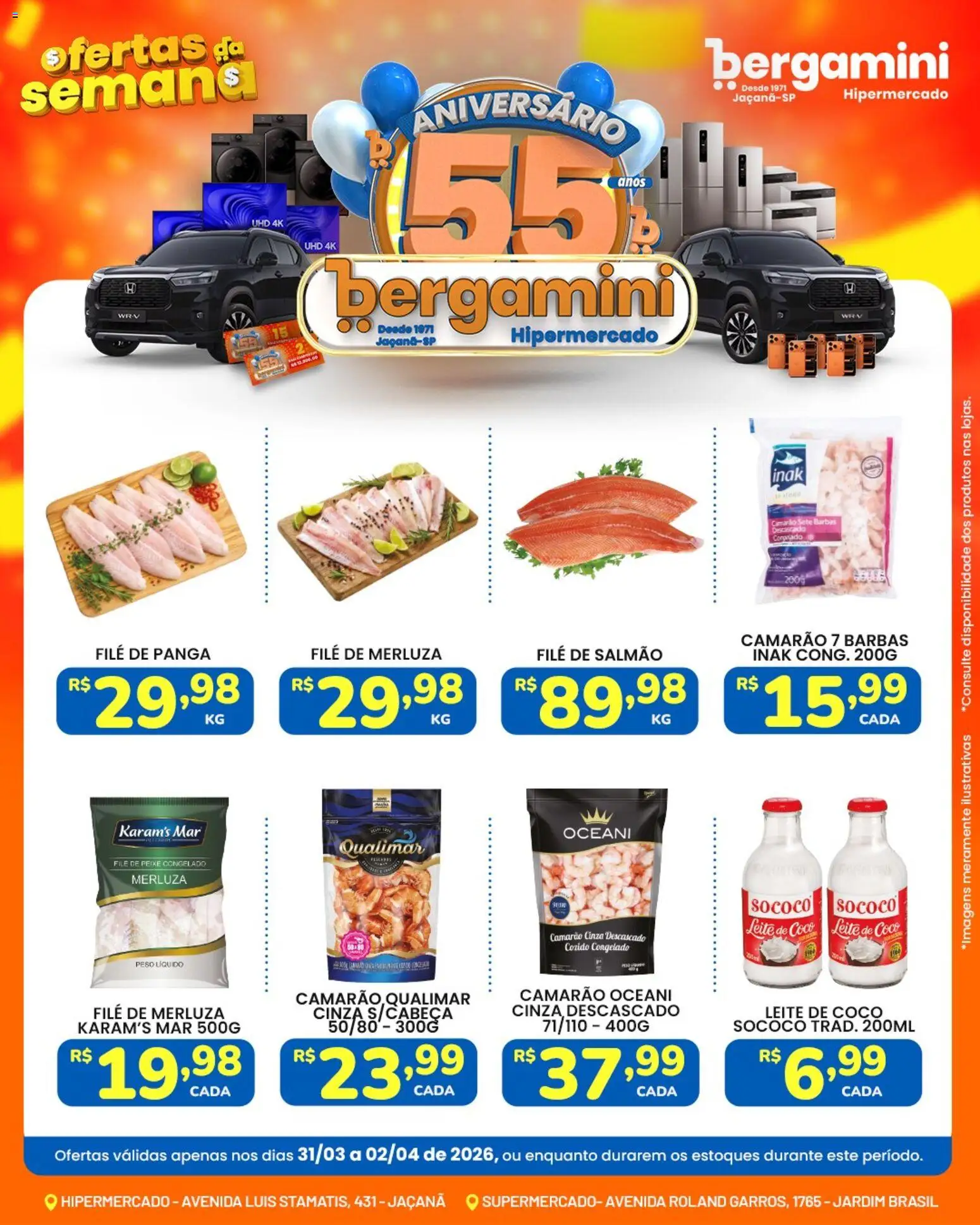 Supermercado Bergamini Folheto - válido de 31.03.2026 | Página: 3 | Produtos: Salmão, Leite, Camarão, Leite de coco
